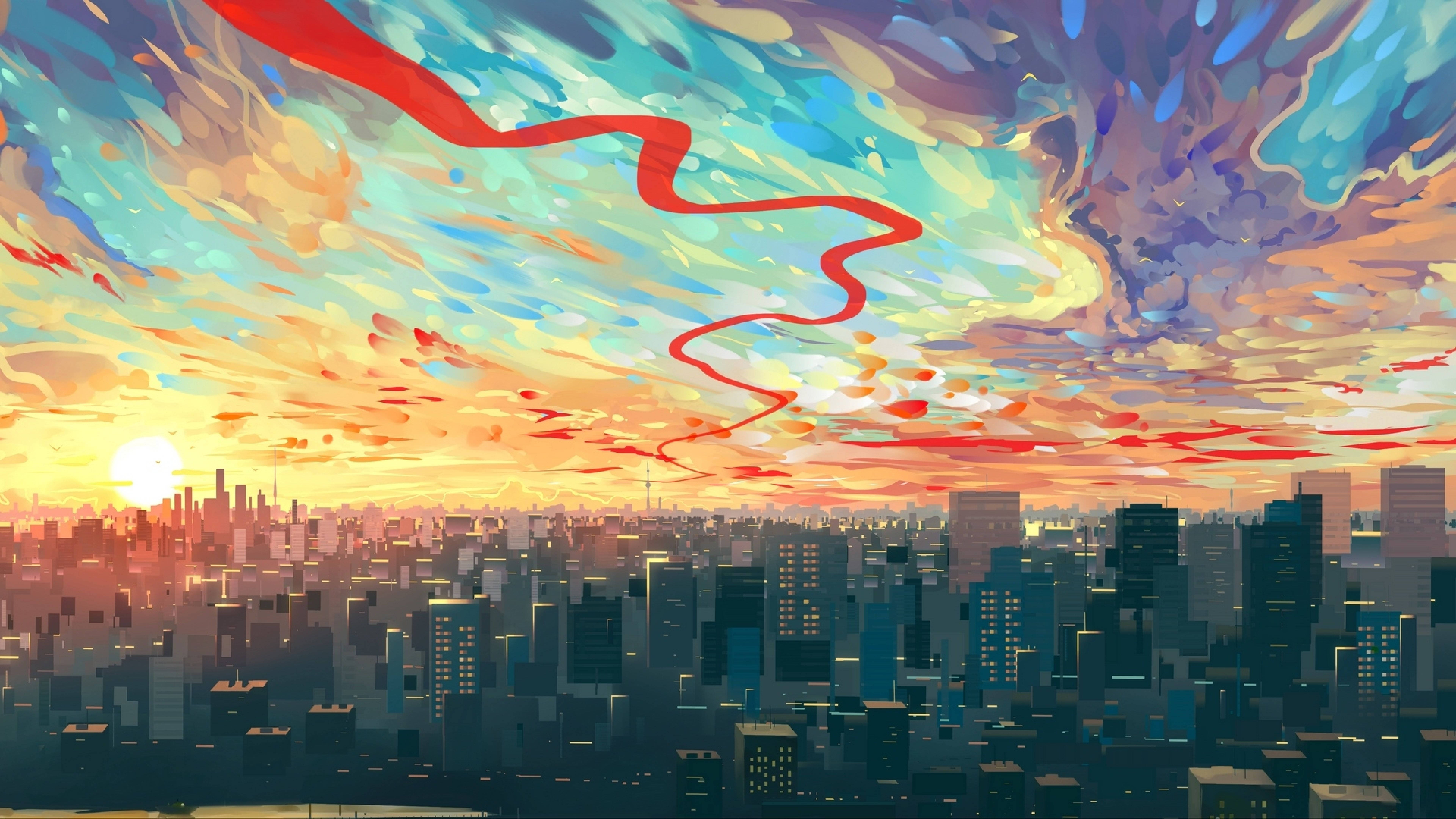 Digital 桌布 壁紙 — 充滿活力的動漫風格城市景觀，夕陽下紅色和藍色漩渦雲彩籠罩著發光的摩天大樓。