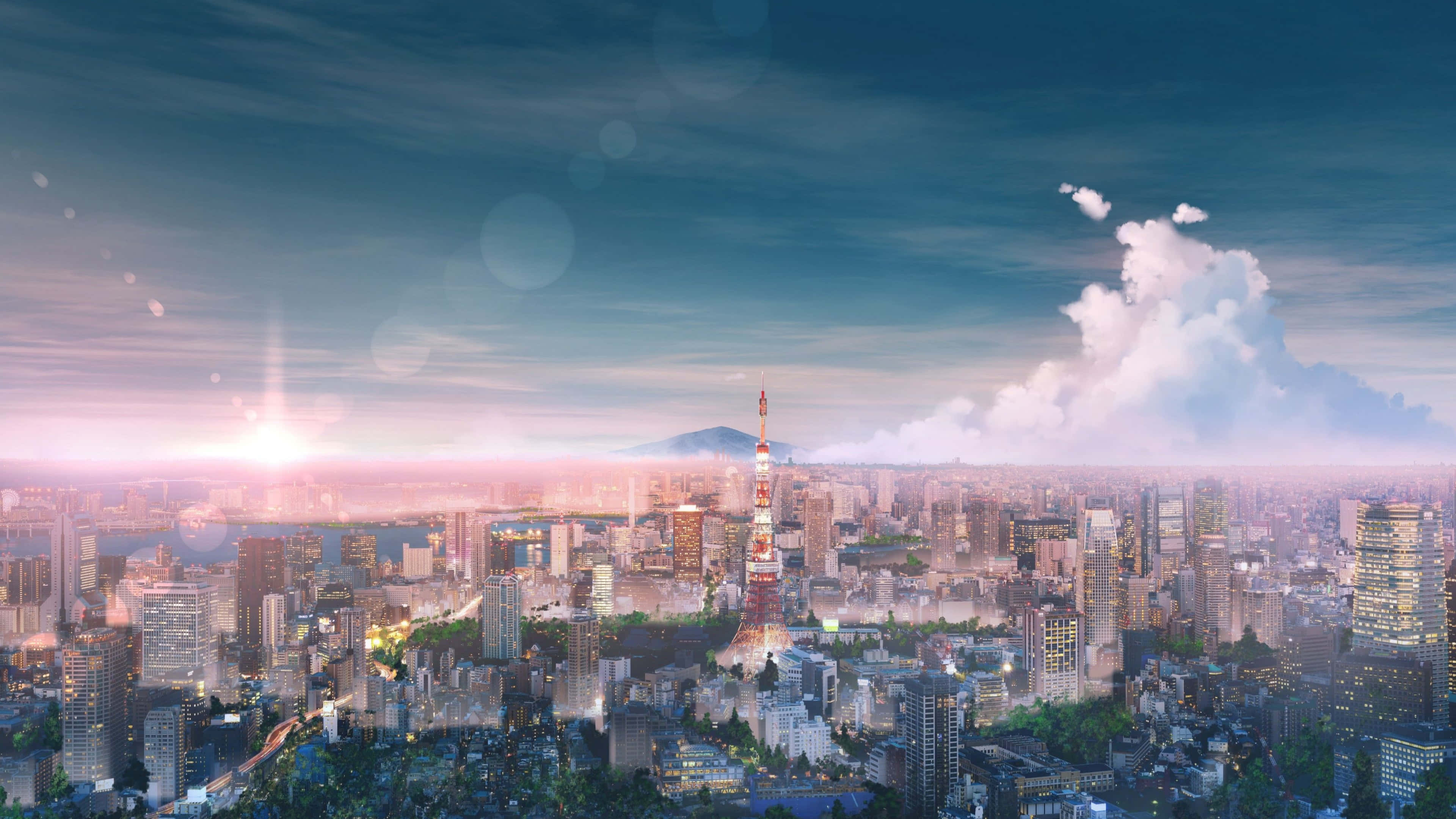 城市 桌布 壁紙 — 充滿活力的動漫風格城市景觀，日落時分東京鐵塔在粉紅色和藍色的天空中閃耀。