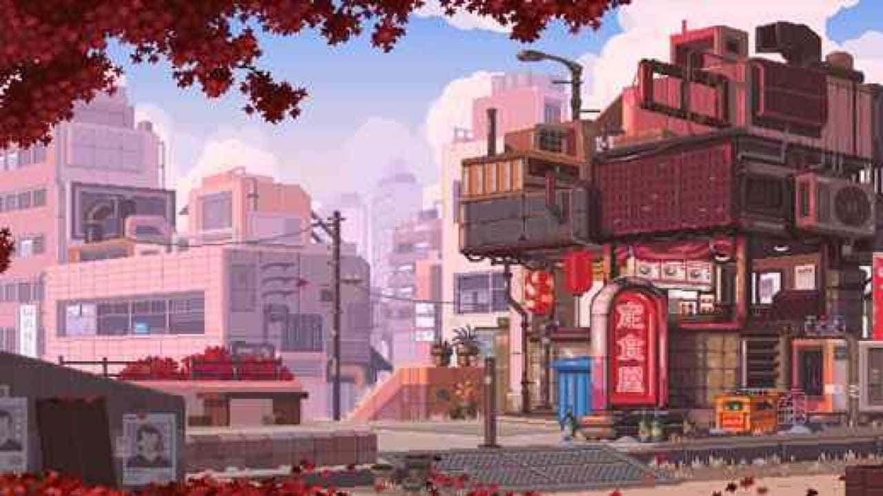 日式粉紅 桌布 壁紙 — 充滿活力的動漫風格城市景觀，紅色楓葉框住密集的市區，有層疊的建築物和傳統招牌，在柔和的藍天下。
