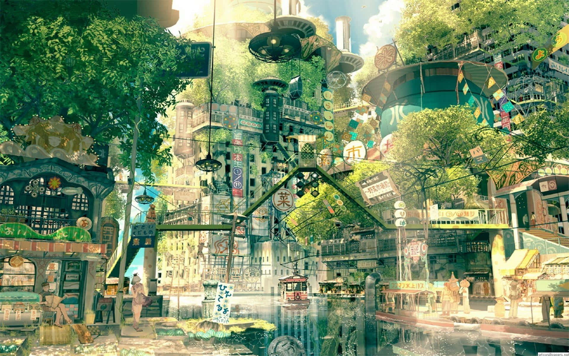 Konoha 桌布 壁紙 — 充滿活力的動漫風格城市景觀，茂密的綠色樹木與未來主義建築和漂浮在運河上的標誌交織在一起。