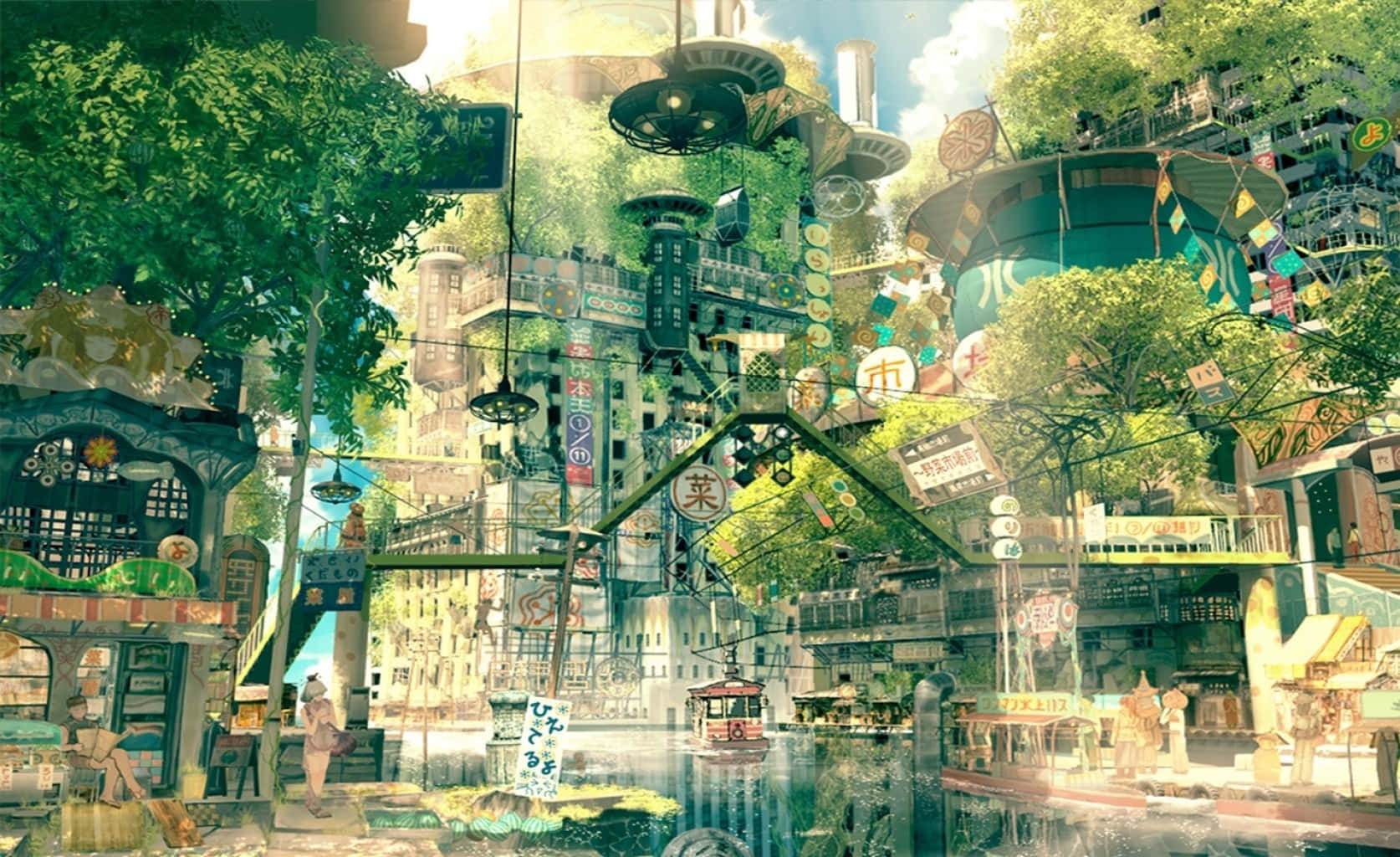 Animation 桌布 壁紙 — 充滿活力的動漫風格城市景觀，茂密的綠樹與漂浮的建築和傳統招牌交織在一起，在明亮的陽光下。