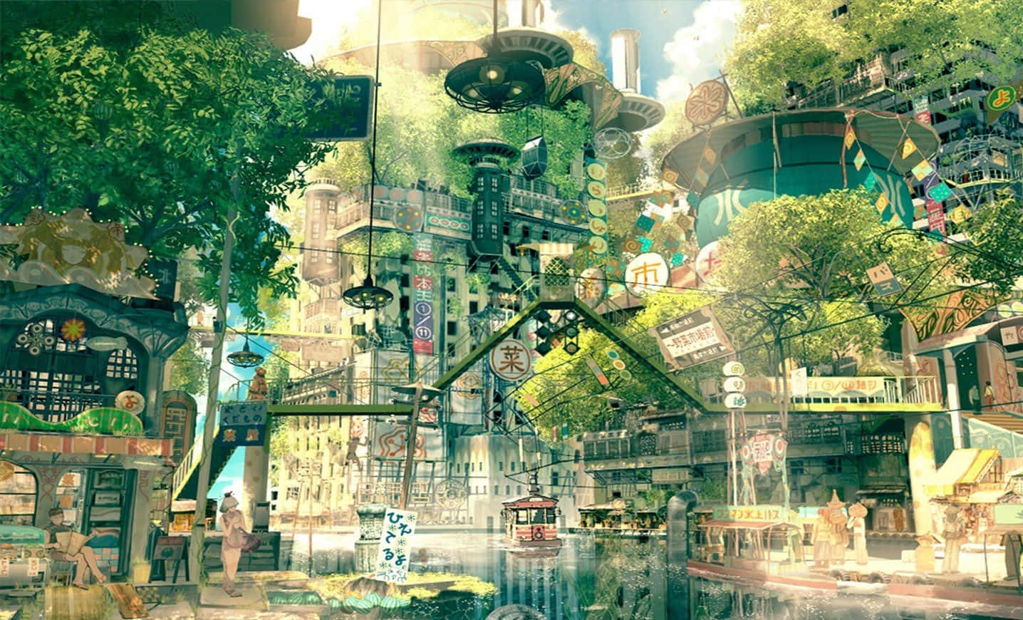動漫城市，建築物上長滿綠色植物，運河上有船隻。 — 動畫風景 壁紙