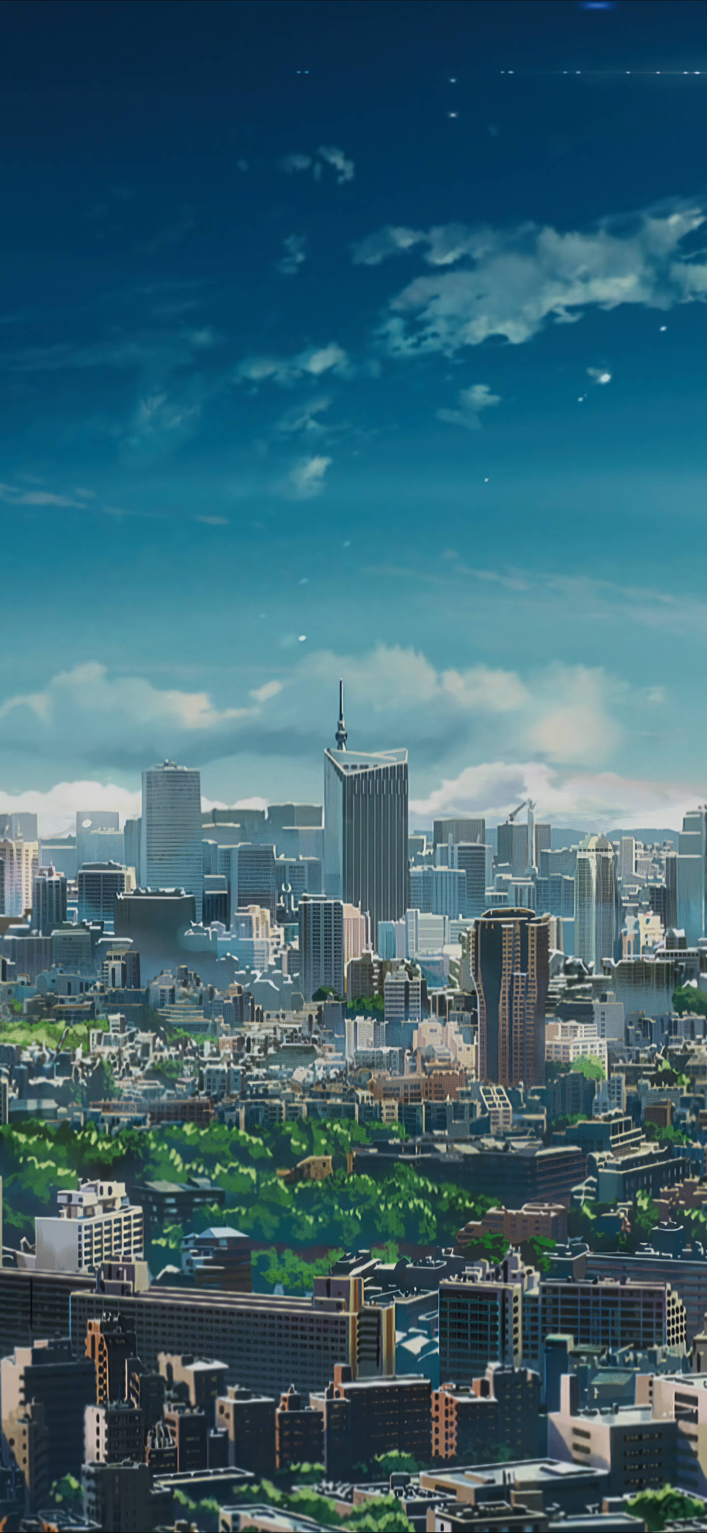 東京 桌布 壁紙 — 充滿活力的動漫風格城市景觀，高聳的摩天大樓和鬱鬱蔥蔥的綠色公園，在明亮的藍天和蓬鬆的白雲下。