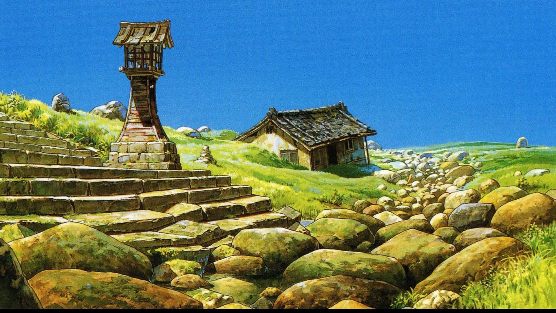Studio Ghibli Art 桌布 壁紙 — 充滿活力的動漫風格場景，石階通往木造神社和質樸小屋，坐落於陽光普照、岩石點綴的草地山坡上。