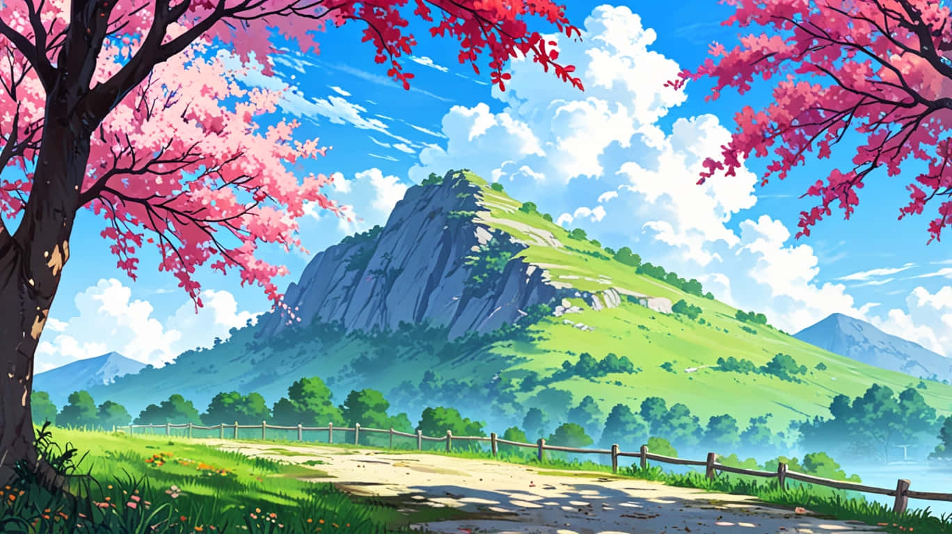 Mountain With Sakura Tree in Japan Animated 壁紙 — 充滿活力的動漫風格場景，粉紅色的櫻花環繞著一條蜿蜒的小路，通往一片青翠的山巒，上方是明亮的藍天和蓬鬆的白雲。