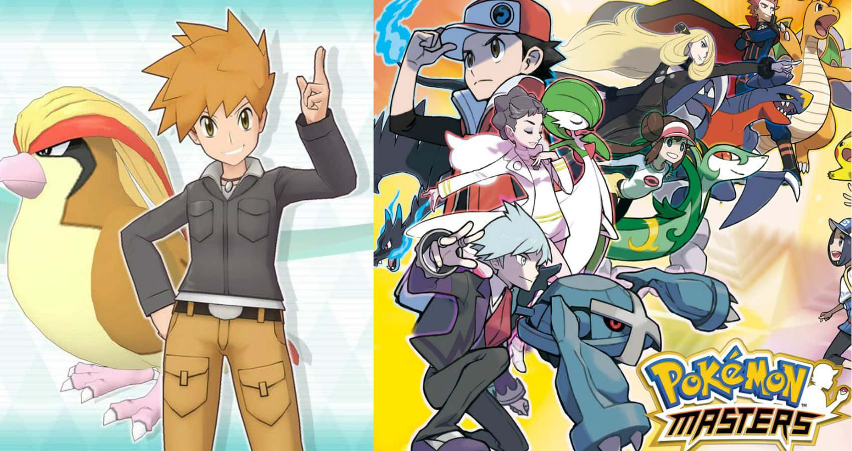 Pokemon Masters 桌布 壁紙 — 充滿活力的動漫風格壁紙， featuring Pokémon Masters 角色和他們的寶可夢在色彩繽紛的背景中擺出動態姿勢。
