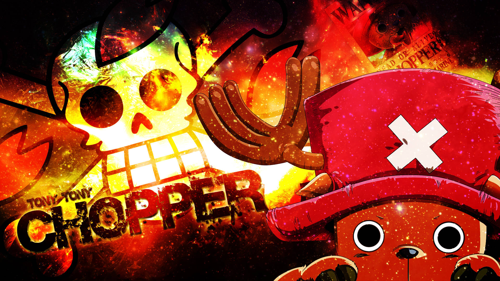 Chopper 桌布 壁紙 — 充滿活力的動漫風格壁紙， featuring Tony Tony Chopper 帶有火焰骷髏頭和爆炸性背景。