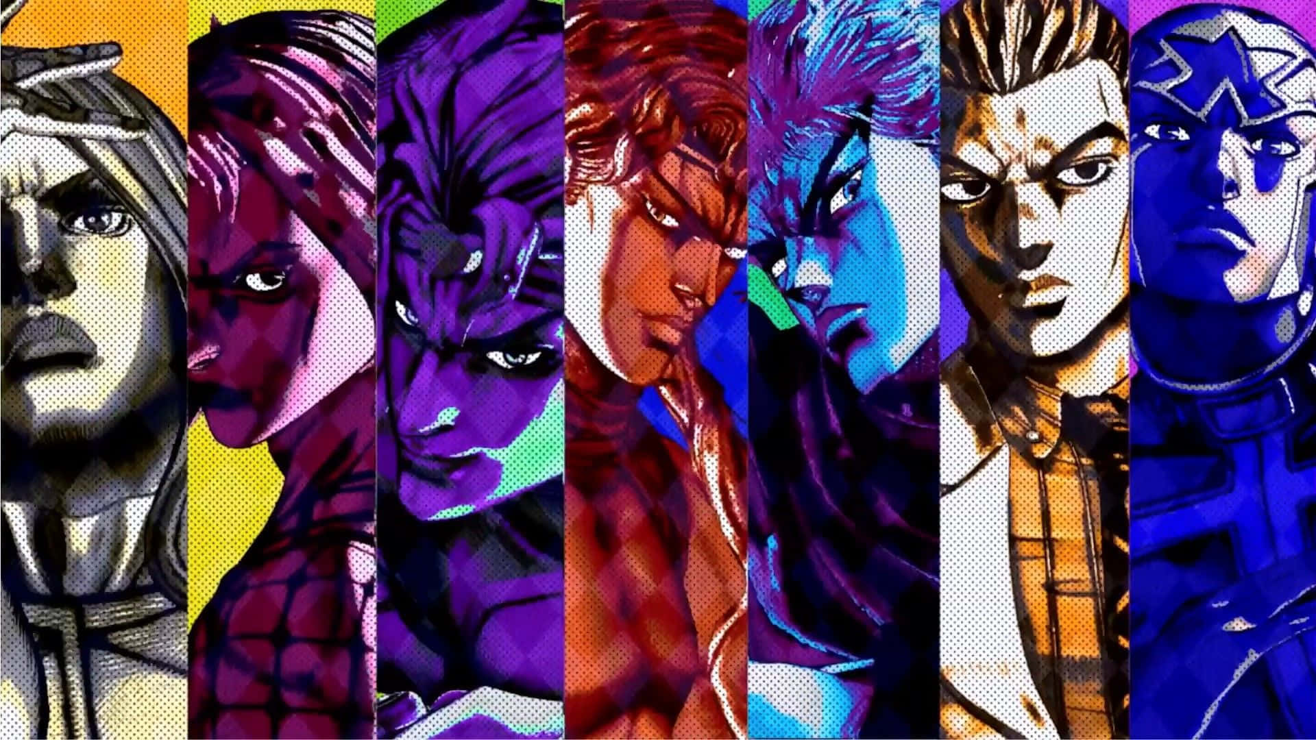 Jojo 桌布 壁紙 — 充滿活力的動漫風格壁紙，七個強烈的男性角色以大膽彩色面板和半色調紋理呈現。