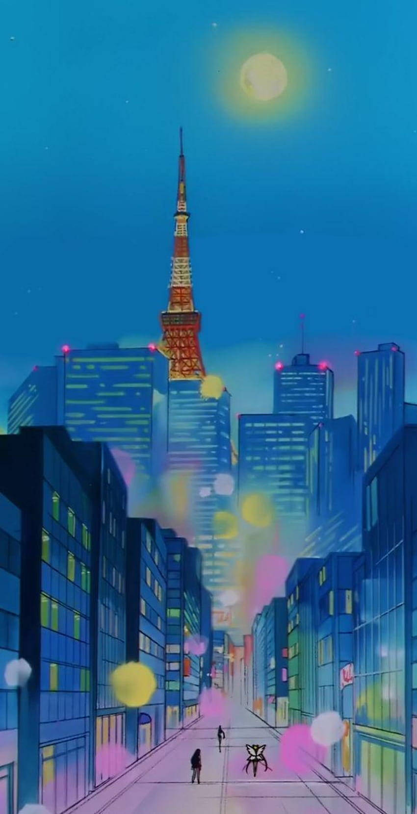 City At Night 桌布 壁紙 — 充滿活力的動漫風格夜景城市景觀，東京鐵塔在滿月下閃耀，繁華街道上點綴著彩色散景燈光。