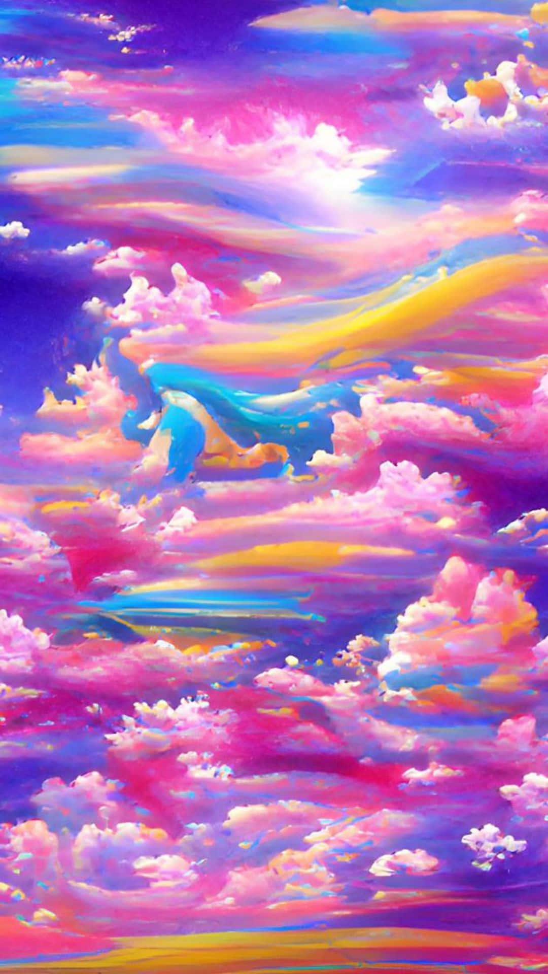 Trippy Sky 桌布 壁紙 — 充滿活力的動漫風格天空，有旋轉的粉紅色、紫色和黃色雲朵，以及發光的太陽。