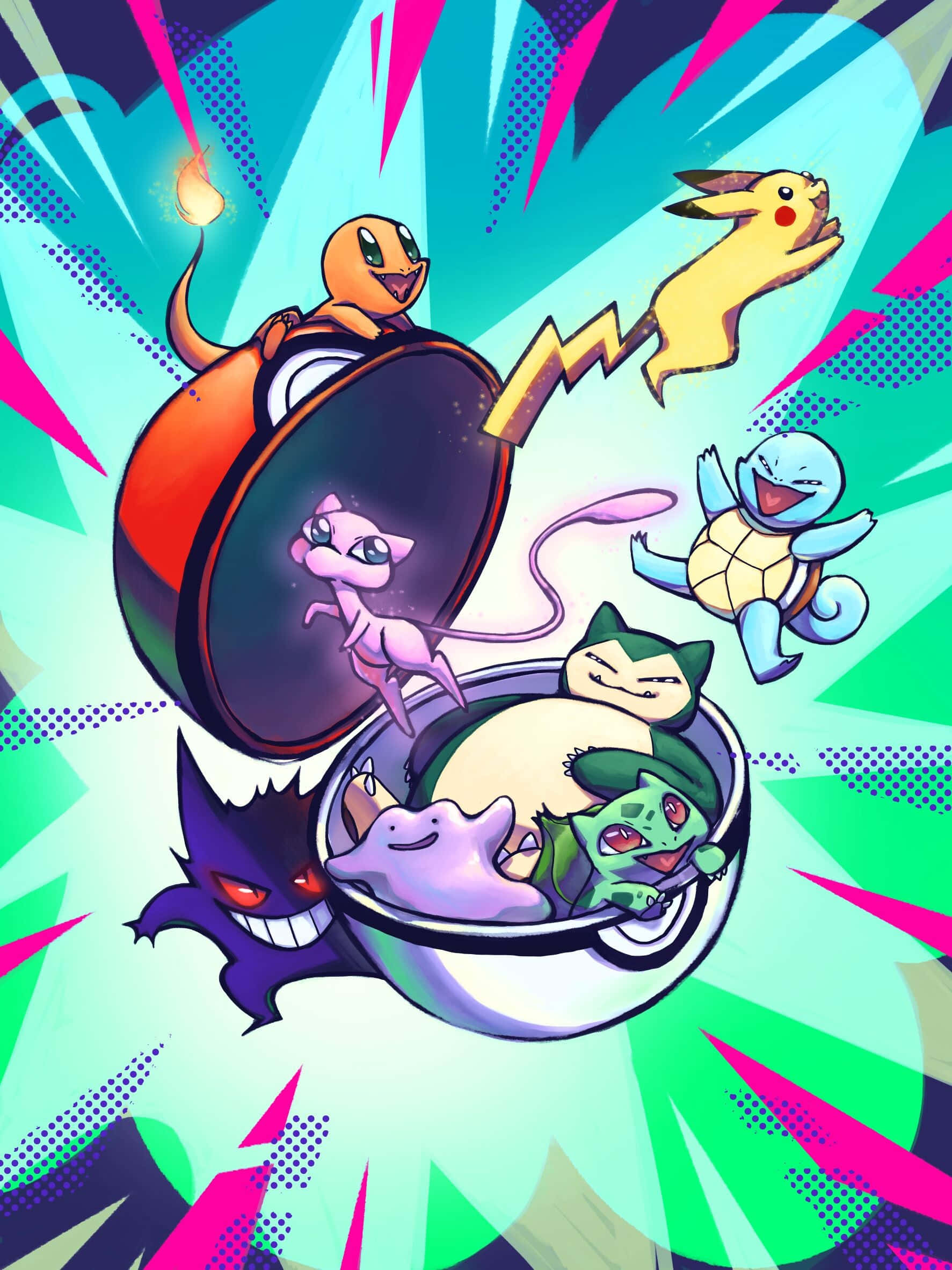 Pokemon Posters 桌布 壁紙 — 充滿活力的動漫風格寶可夢從精靈球中迸發出來，背景是動態的青綠色和粉紅色，帶有漫畫書的半色調效果。