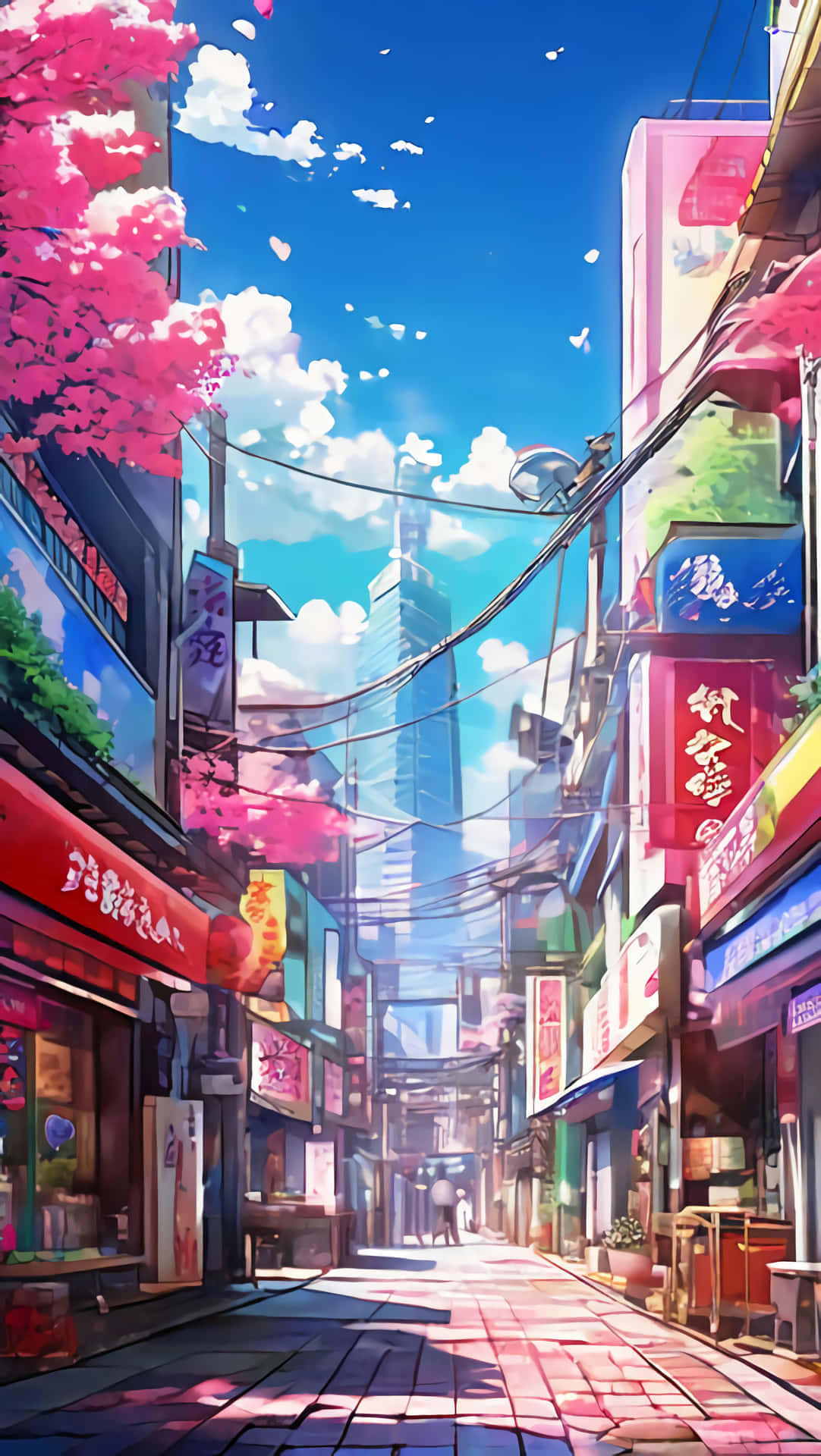 anime city Japan 壁紙 — 充滿活力的動漫風格小巷，兩旁種滿櫻花和霓虹燈牌，在明亮的藍天下。
