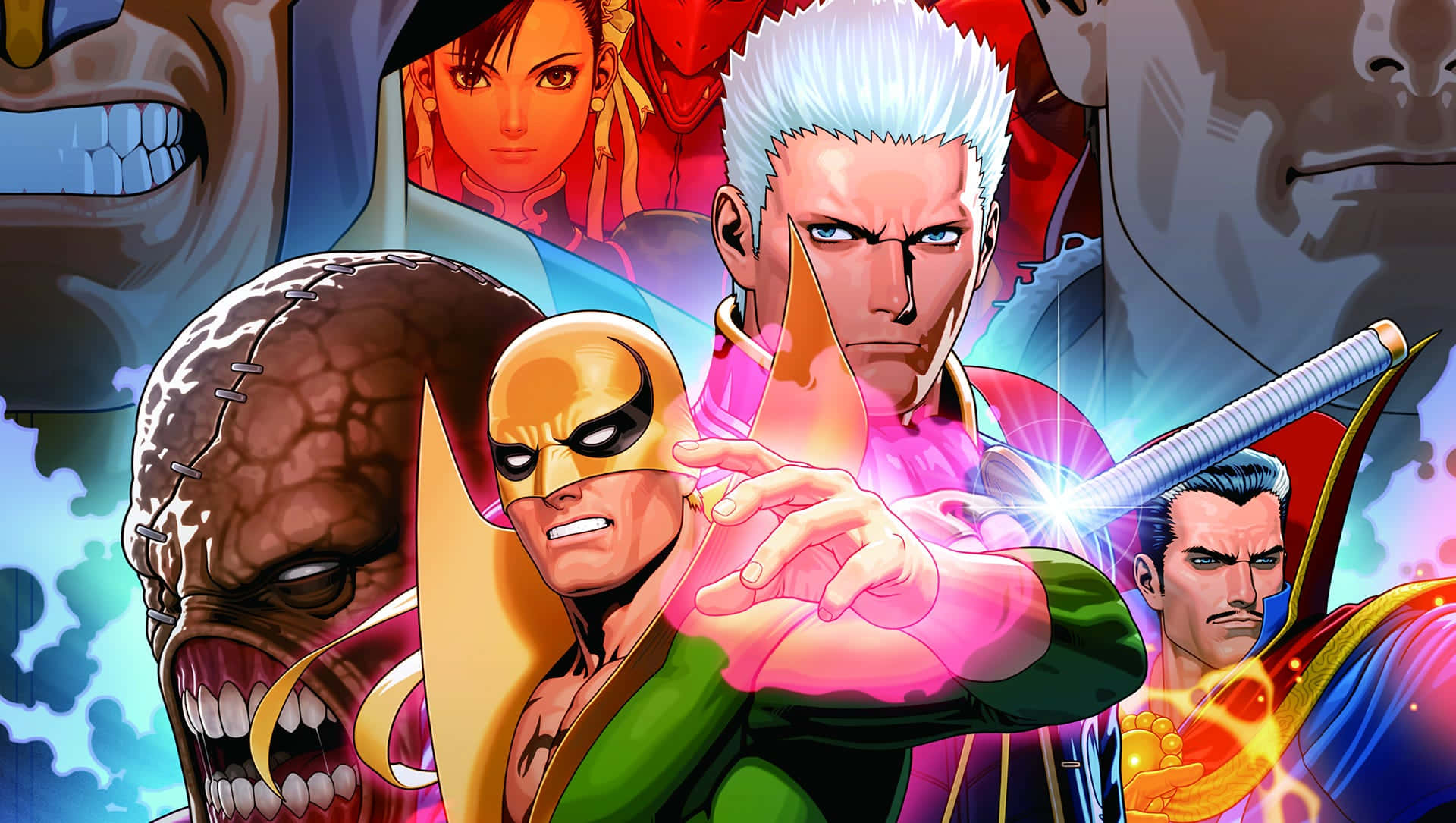 Marvel Vs Capcom Characters 桌布 壁紙 — 充滿活力的動漫風格戰士在動態動作場景中碰撞，帶有發光的能量效果和強烈的表情。