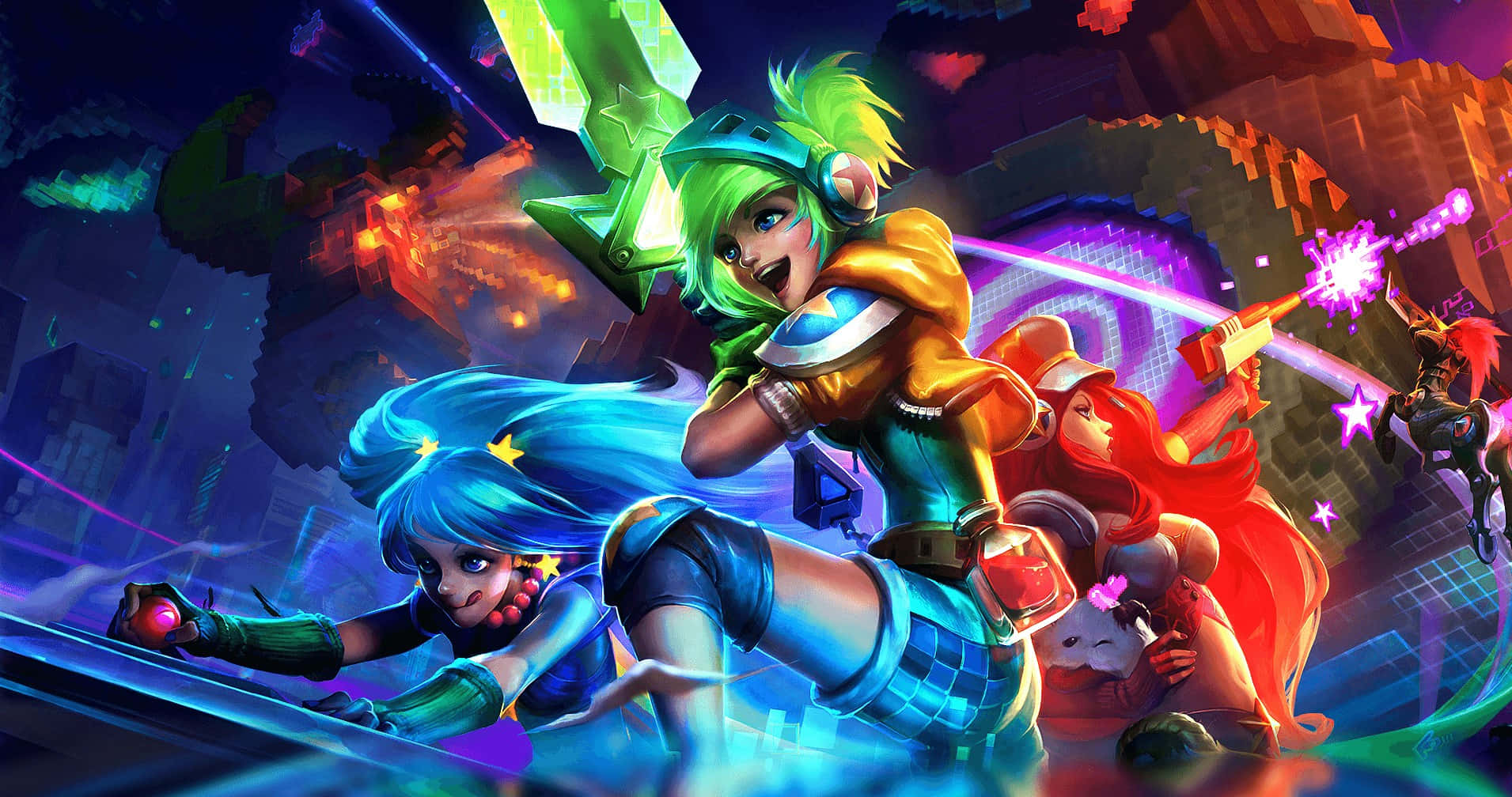 Lol 1920 X 1080 Gaming 桌布 壁紙 — 充滿活力的動漫風格戰士在霓虹燈照亮的數位競技場中，使用發光武器和爆炸性能量效果進行戰鬥。