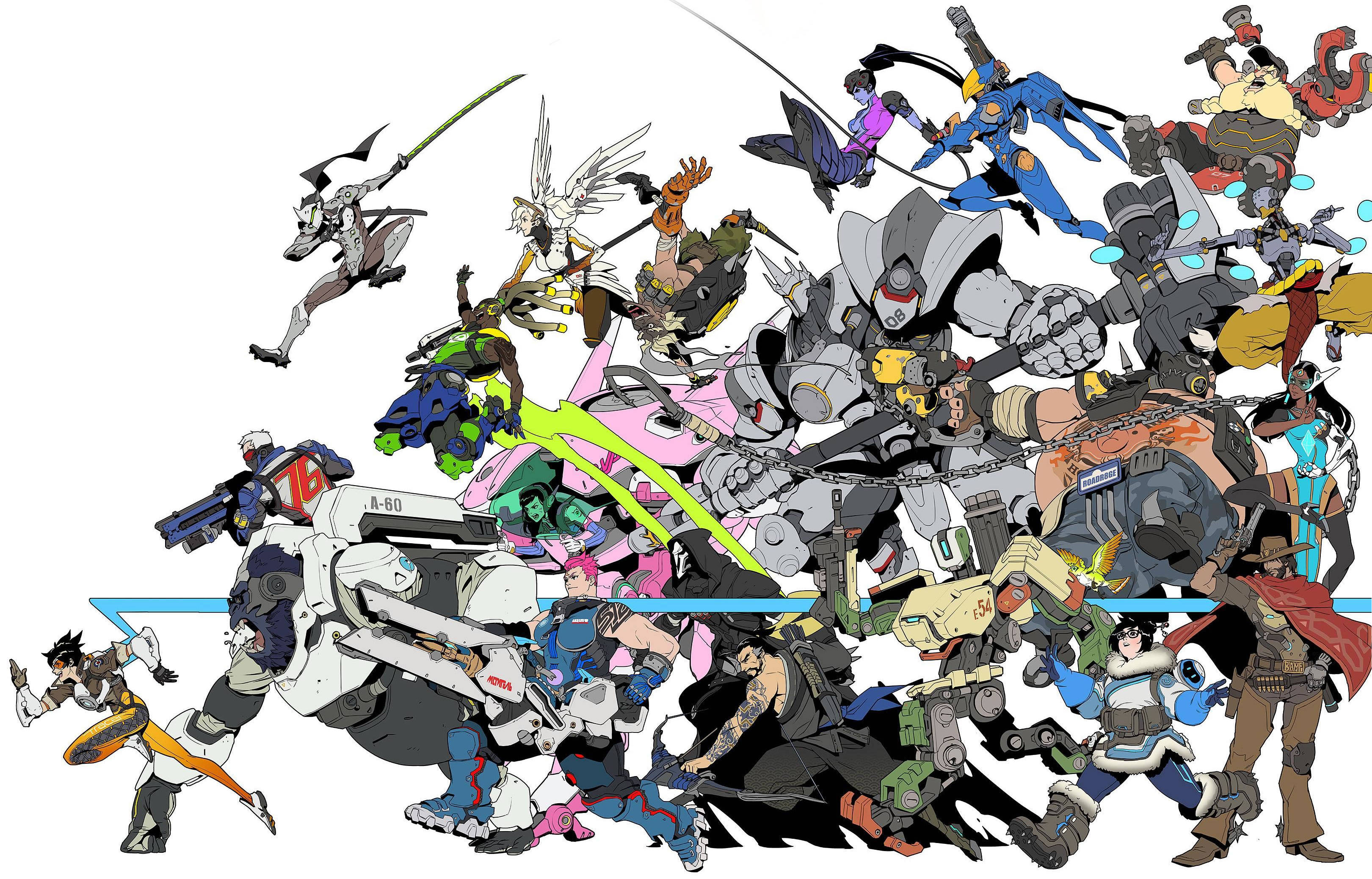 鬥陣特攻 桌布 壁紙 — 充滿活力的動漫風格拼貼畫，描繪《鬥陣特攻》英雄們的動感姿勢與能量特效。