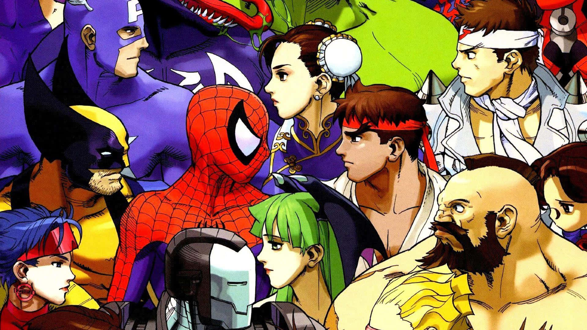 Marvel Vs Capcom Characters 桌布 壁紙 — 充滿活力的動漫風格拼貼畫，描繪了標誌性漫畫和電子遊戲角色以動態姿勢呈現。
