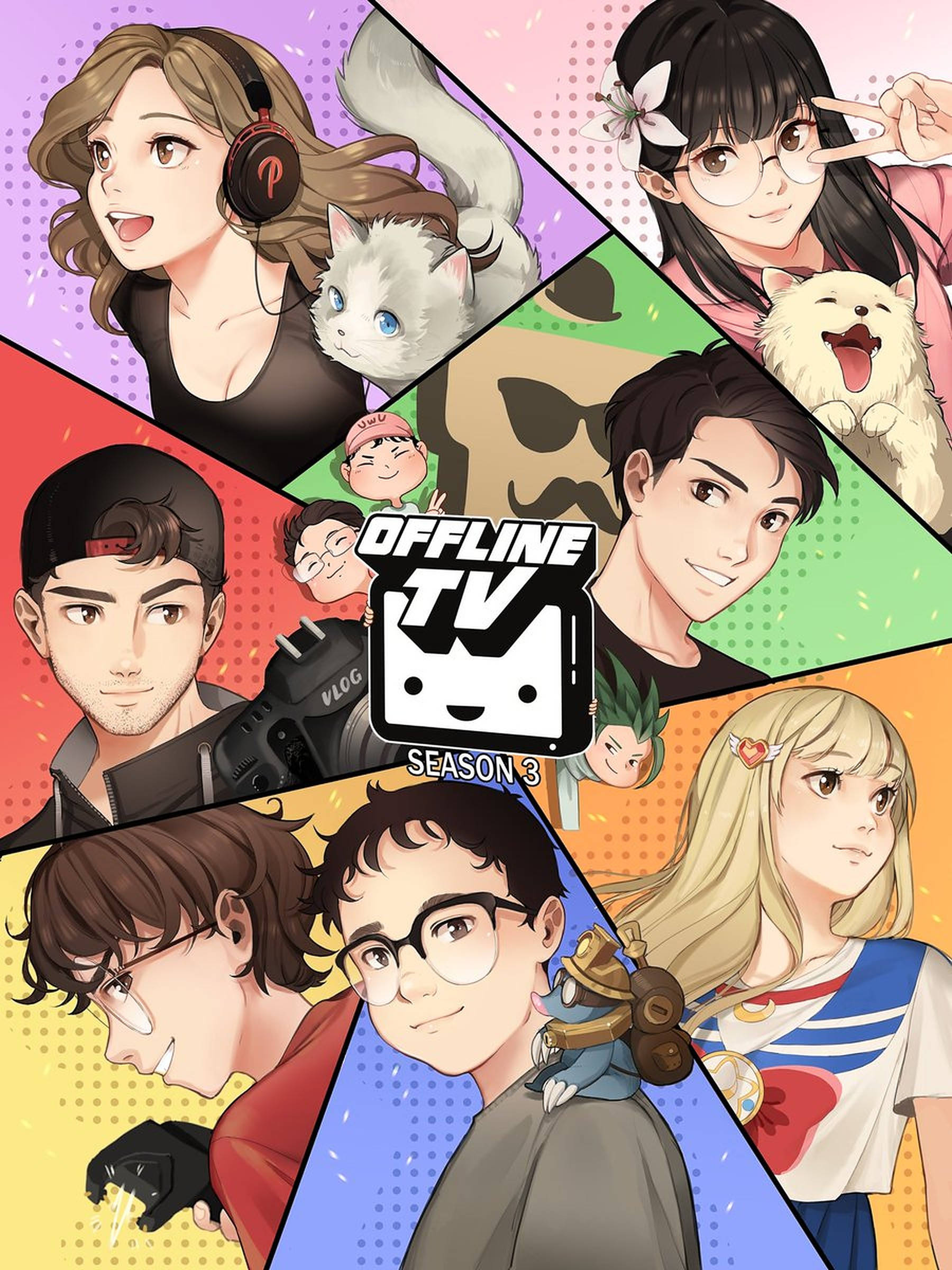 Pokimane 桌布 壁紙 — 充滿活力的動漫風格拼貼畫，描繪了多樣化的角色與寵物和遊戲裝備，置於色彩繽紛的幾何面板中。