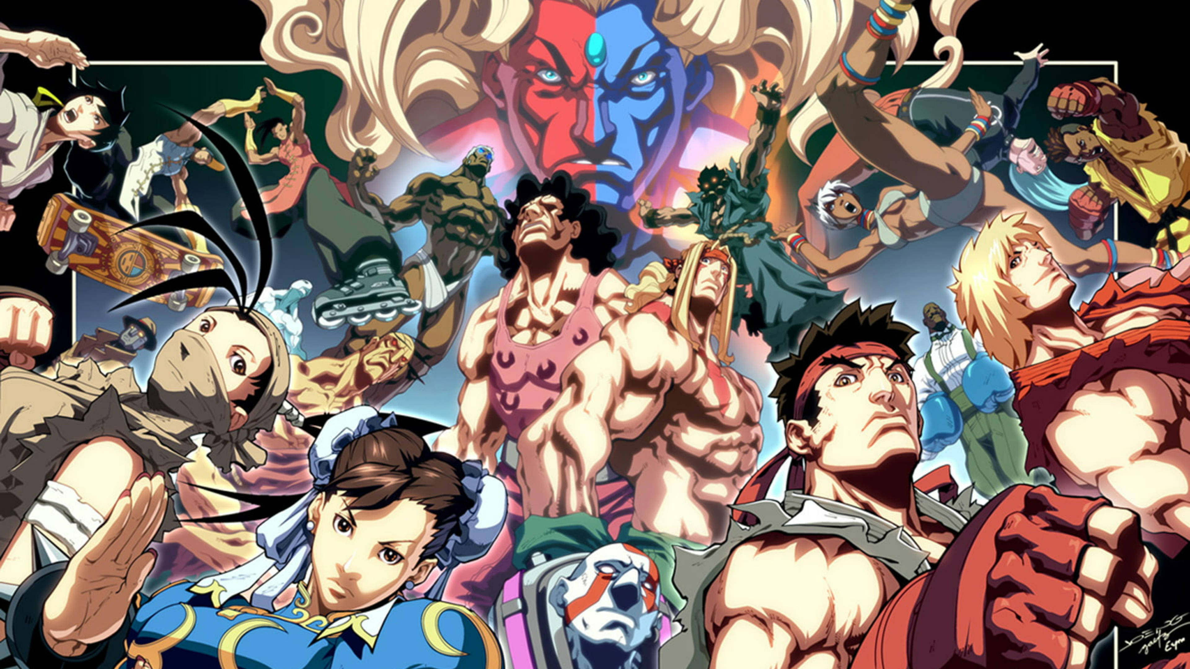 Capcom 桌布 壁紙 — 充滿活力的動漫風格拼貼畫，描繪肌肉發達的戰士們擺出激烈動作姿勢，表情強烈，色彩鮮豔。