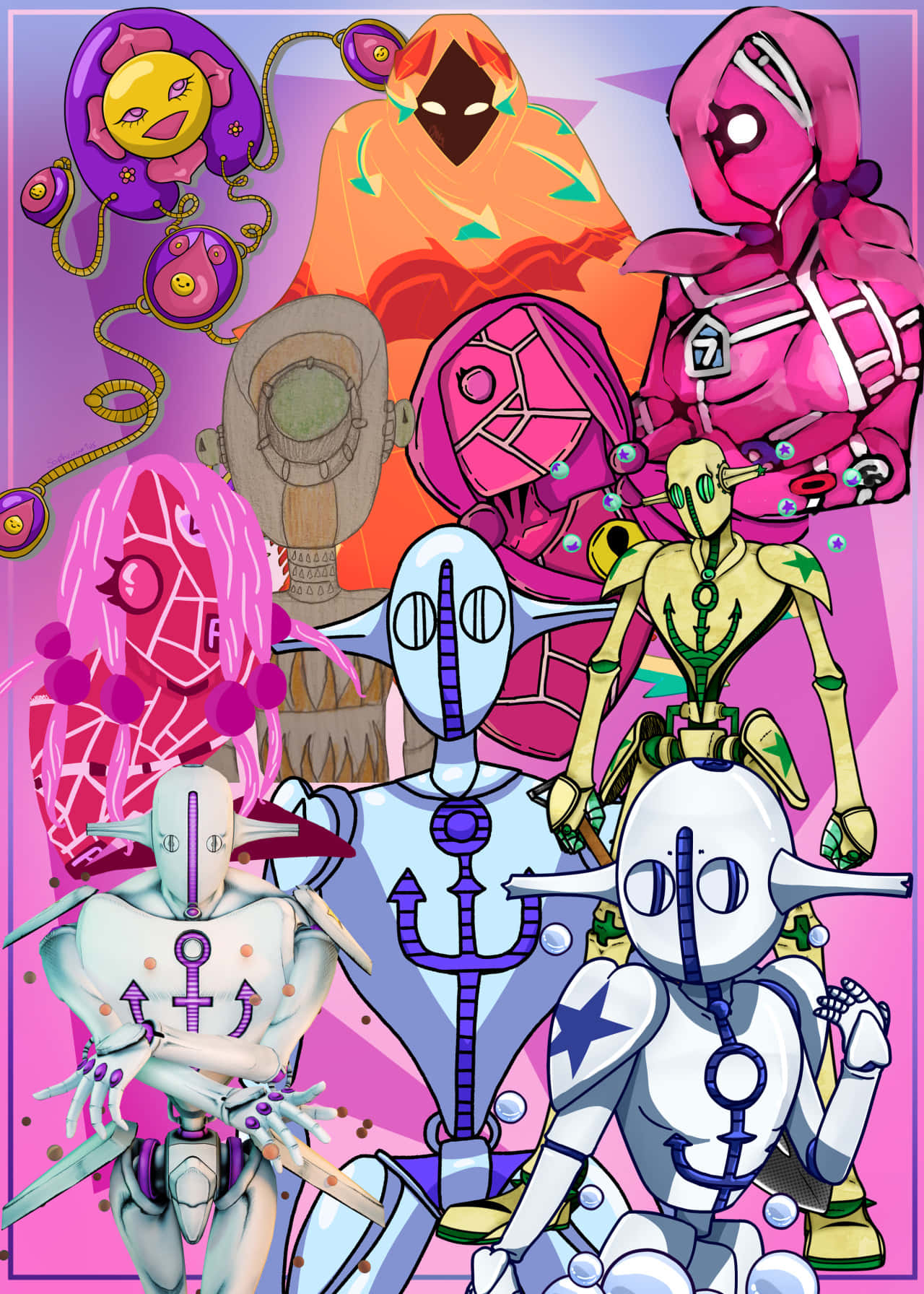 Jojolion 桌布 壁紙 — 充滿活力的動漫風格插圖，描繪多樣化的機器人和外星人角色，帶有鮮明的粉紅色、紫色和橙色色調。