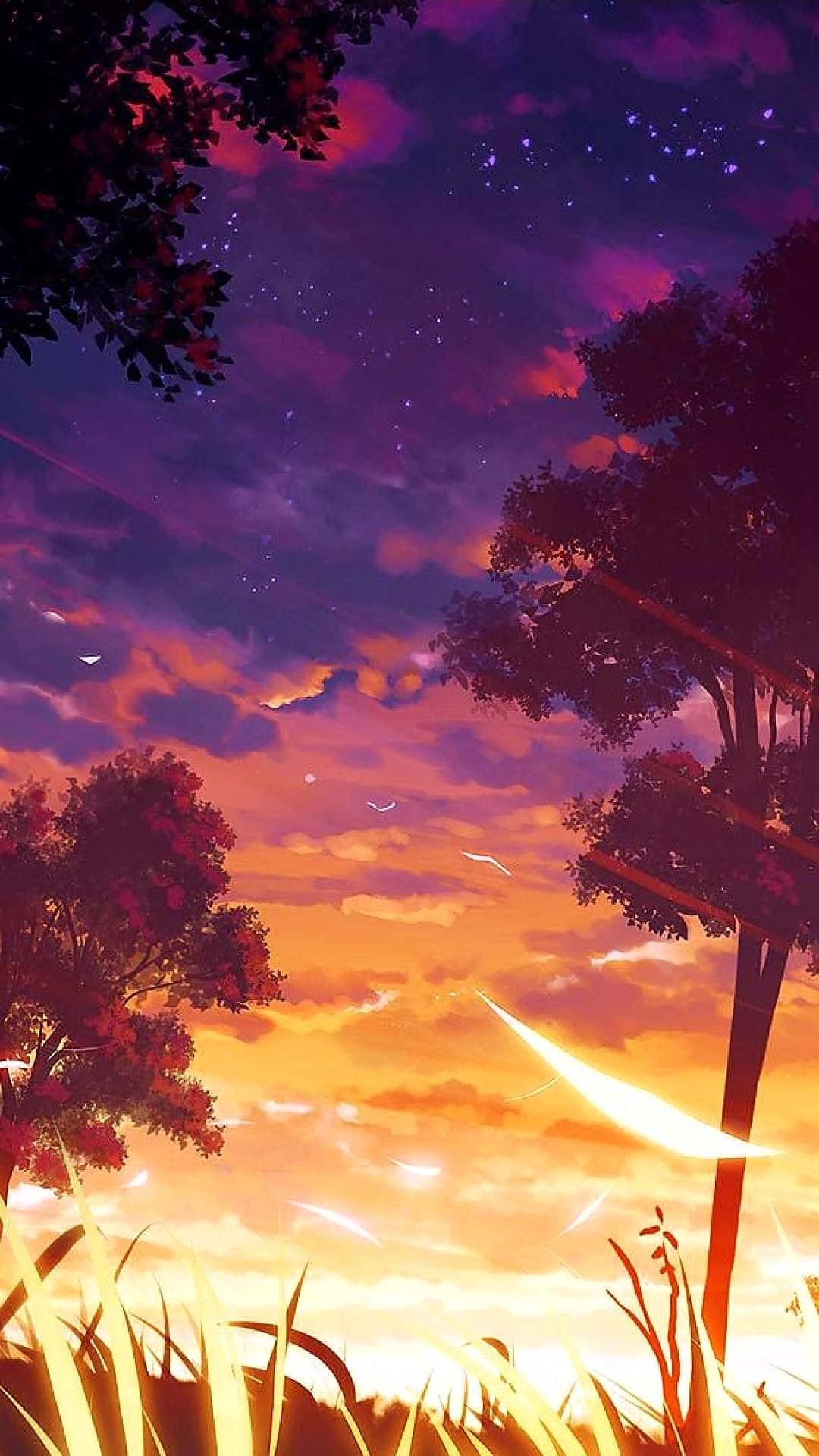 Sunset Aesthetic 桌布 壁紙 — 充滿活力的動漫風格日落，紫色和橙色的天空被剪影樹木和發光的草地框住。