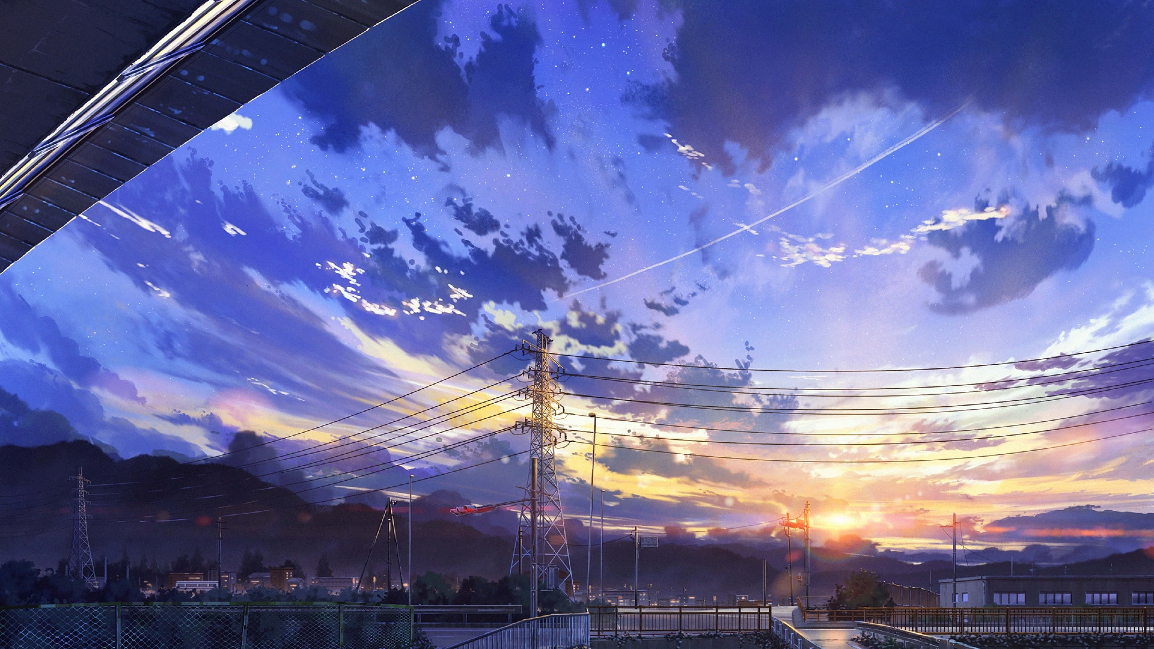 Scenery 桌布 壁紙 — 充滿活力的動漫風格日落，紫色和金色的雲彩、電線和遠處的山脈，在星空下。