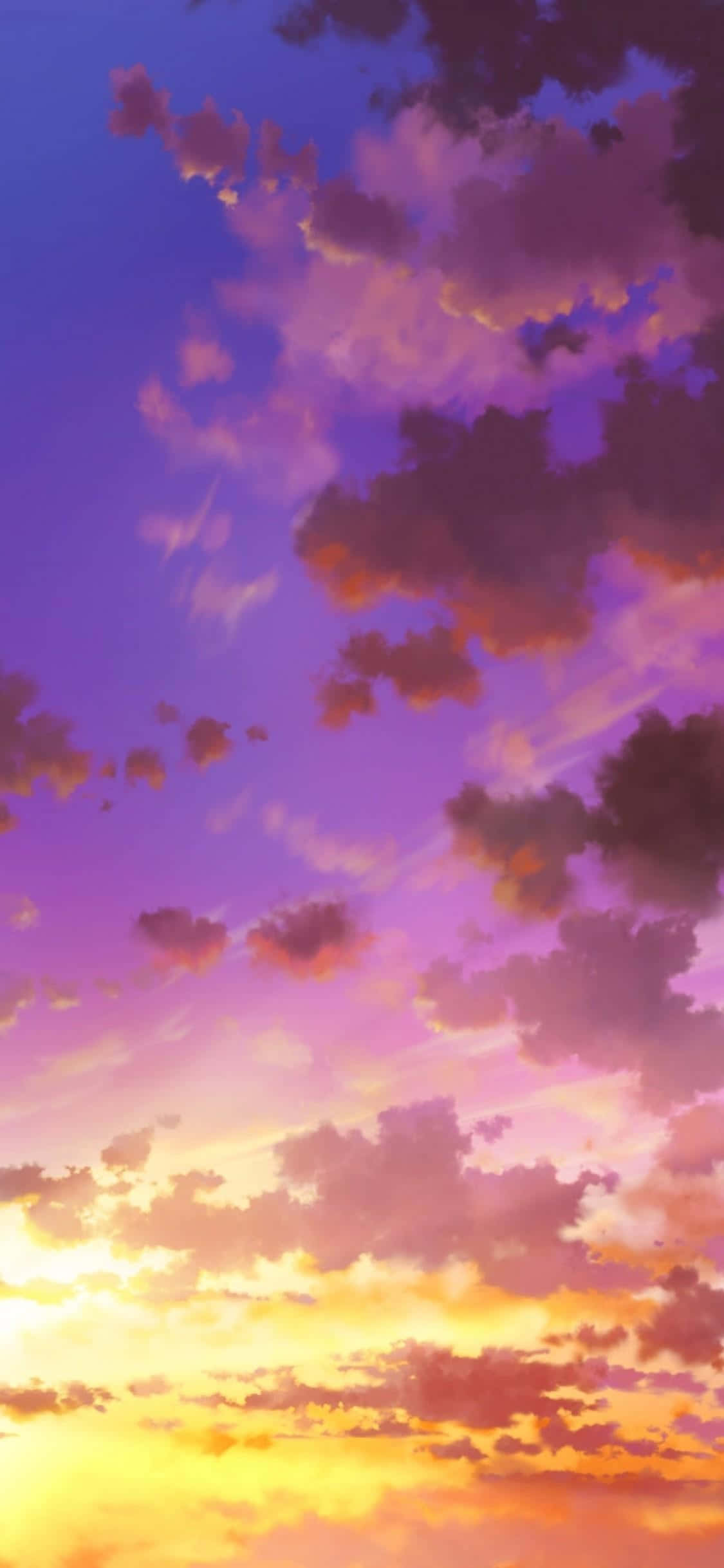 Pink Anime 桌布 壁紙 — 充滿活力的動漫風格日落天空，紫色、粉紅色和橙色的雲朵在深藍色地平線上發光。