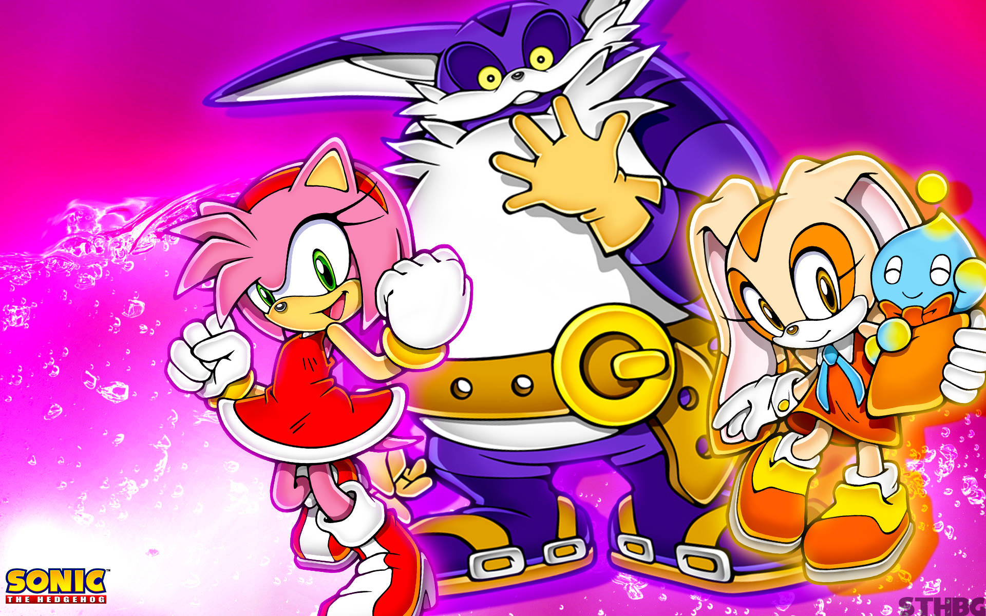 Amy Rose 桌布 壁紙 — 充滿活力的動漫風格桌布， featuring Amy Rose、Tails 和 Knuckles 在發光的粉紅色和紫色背景上擺出動態姿勢。