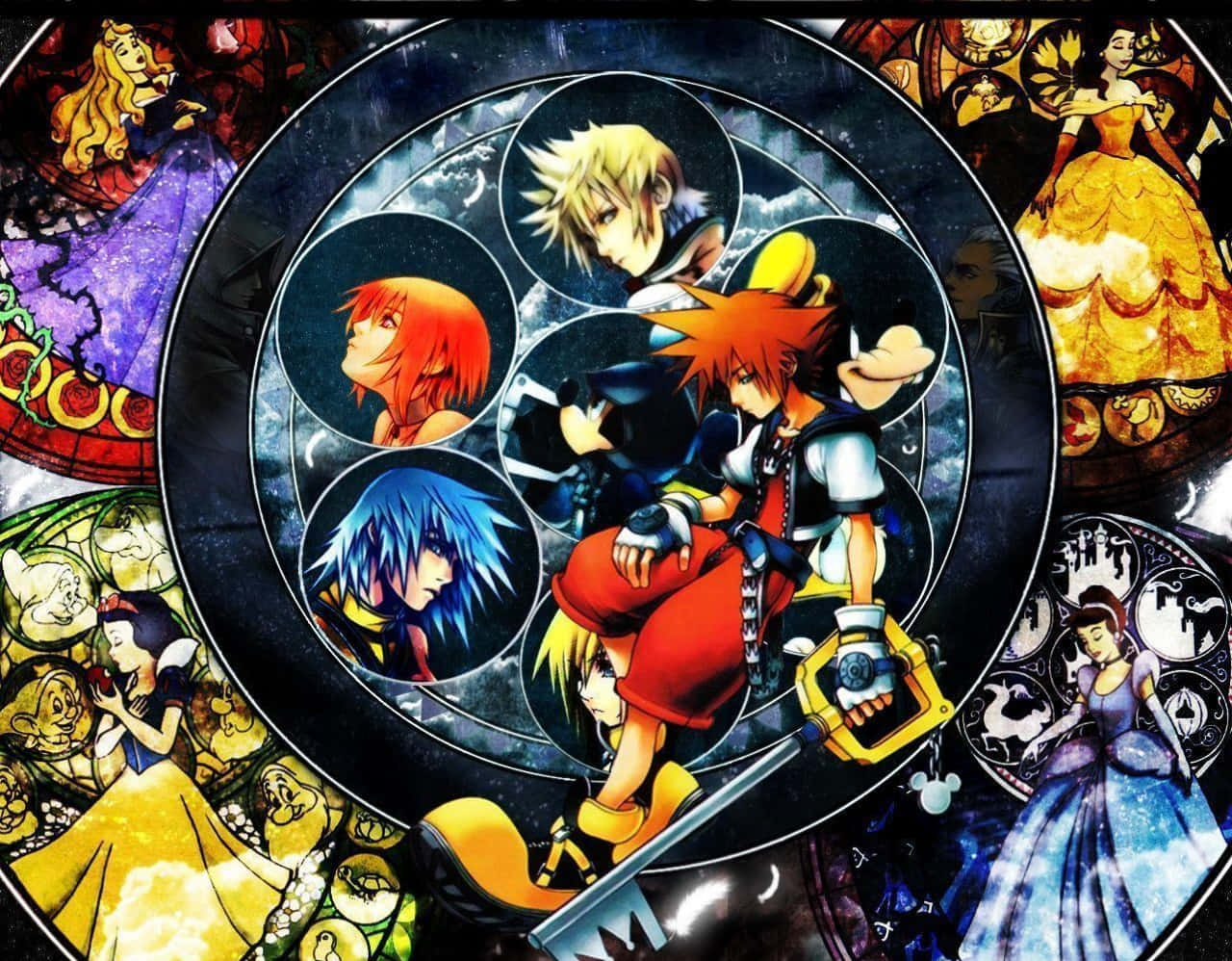 Kingdom Hearts 桌布 壁紙 — 充滿活力的動漫風格桌布，以圓形框架中的王國之心角色為特色，周圍環繞著迪士尼公主的彩繪玻璃藝術。