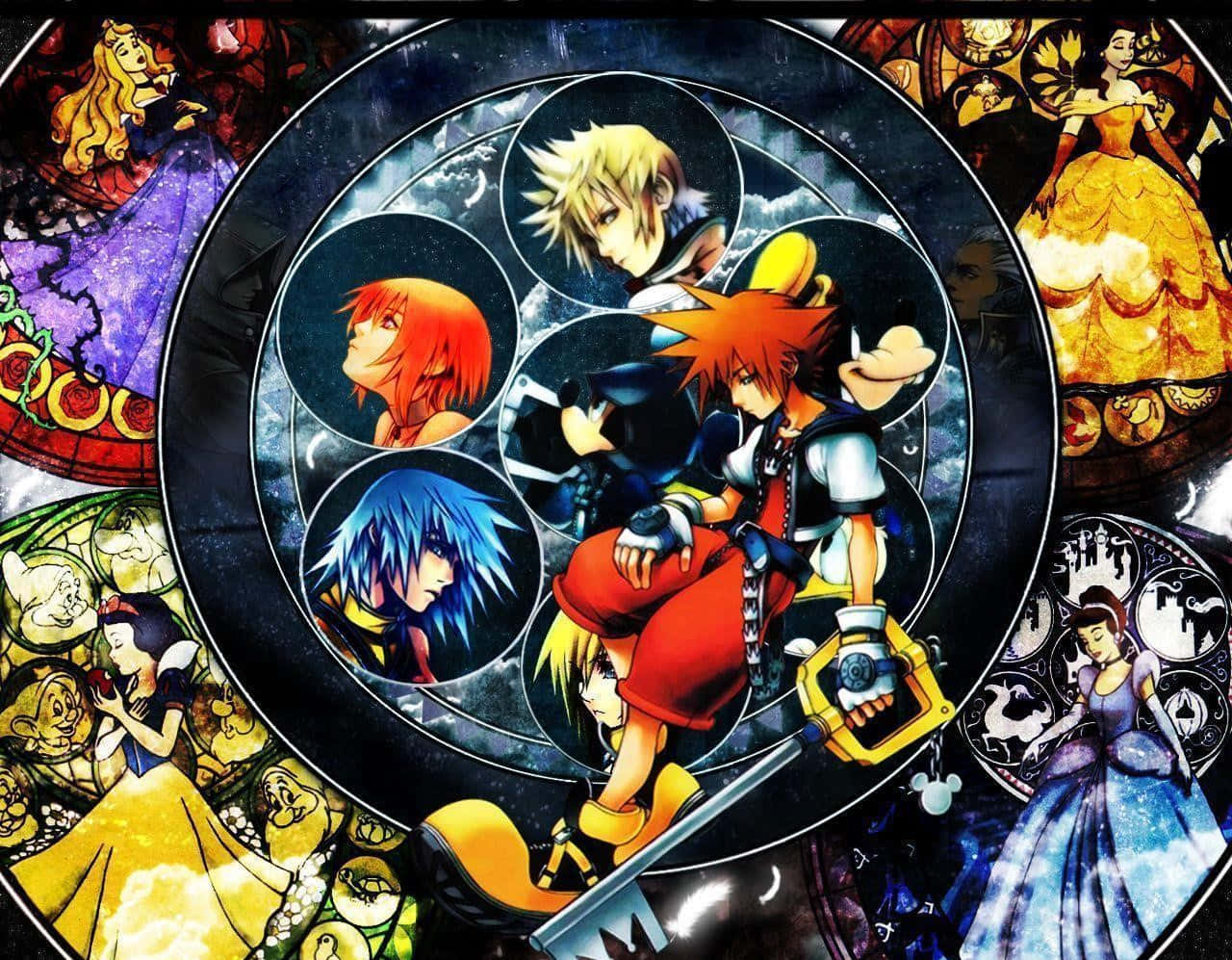 Kingdom Hearts Sora 桌布 壁紙 — 充滿活力的動漫風格桌布，以圓形框架中的王國之心角色為特色，周圍環繞著迪士尼公主的彩繪玻璃藝術。
