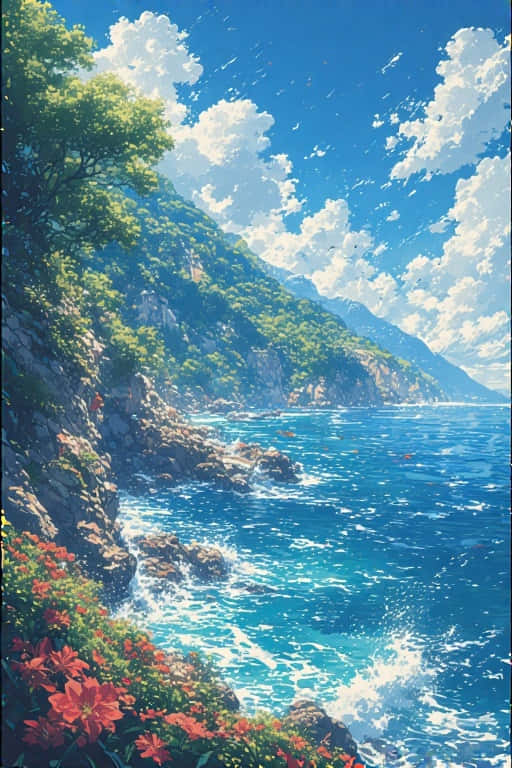 Stunning Sea Anime Realism Precisionist Art 壁紙 — 充滿活力的動漫風格海岸場景，綠松石色的海浪拍打著點綴紅花的岩石懸崖，明亮的藍天下有蓬鬆的白雲。