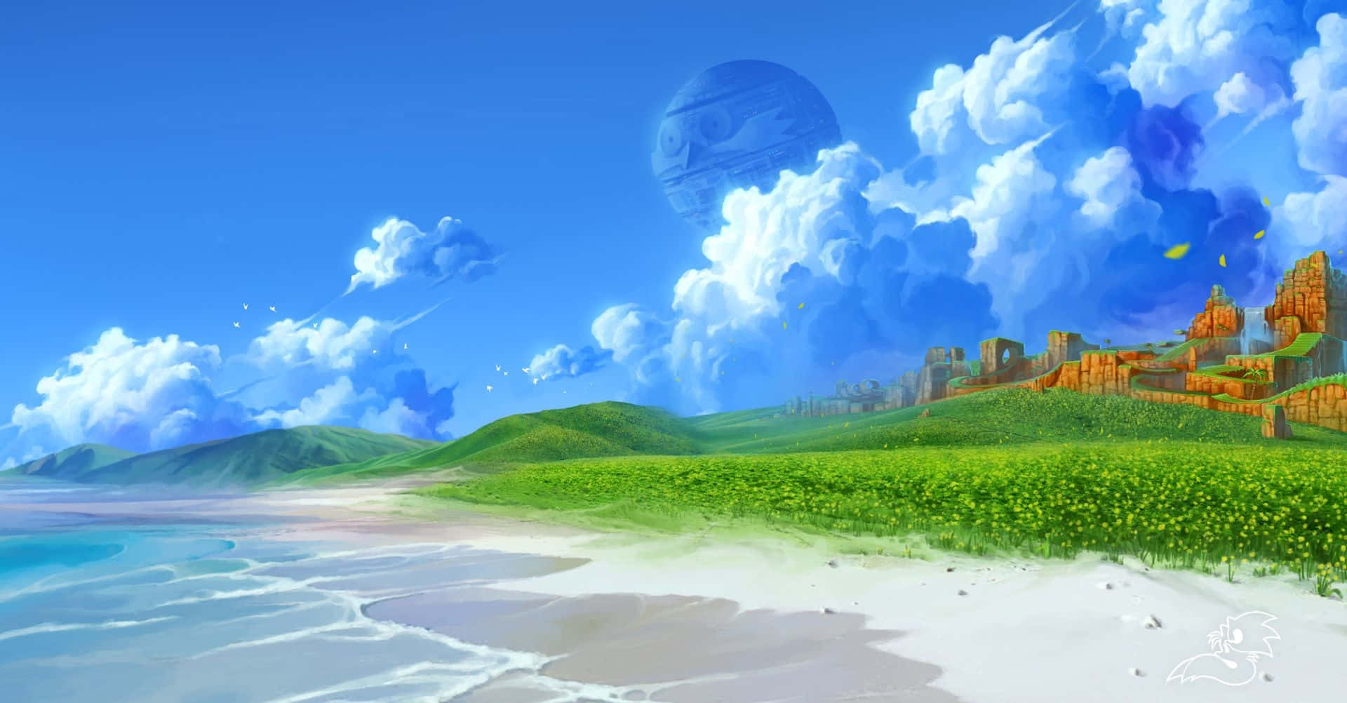 Sonic 2 桌布 壁紙 — 充滿活力的動漫風格海灘場景，有綠色山丘、懸崖上的城堡，以及藍天中帶有蓬鬆雲朵的大月亮。