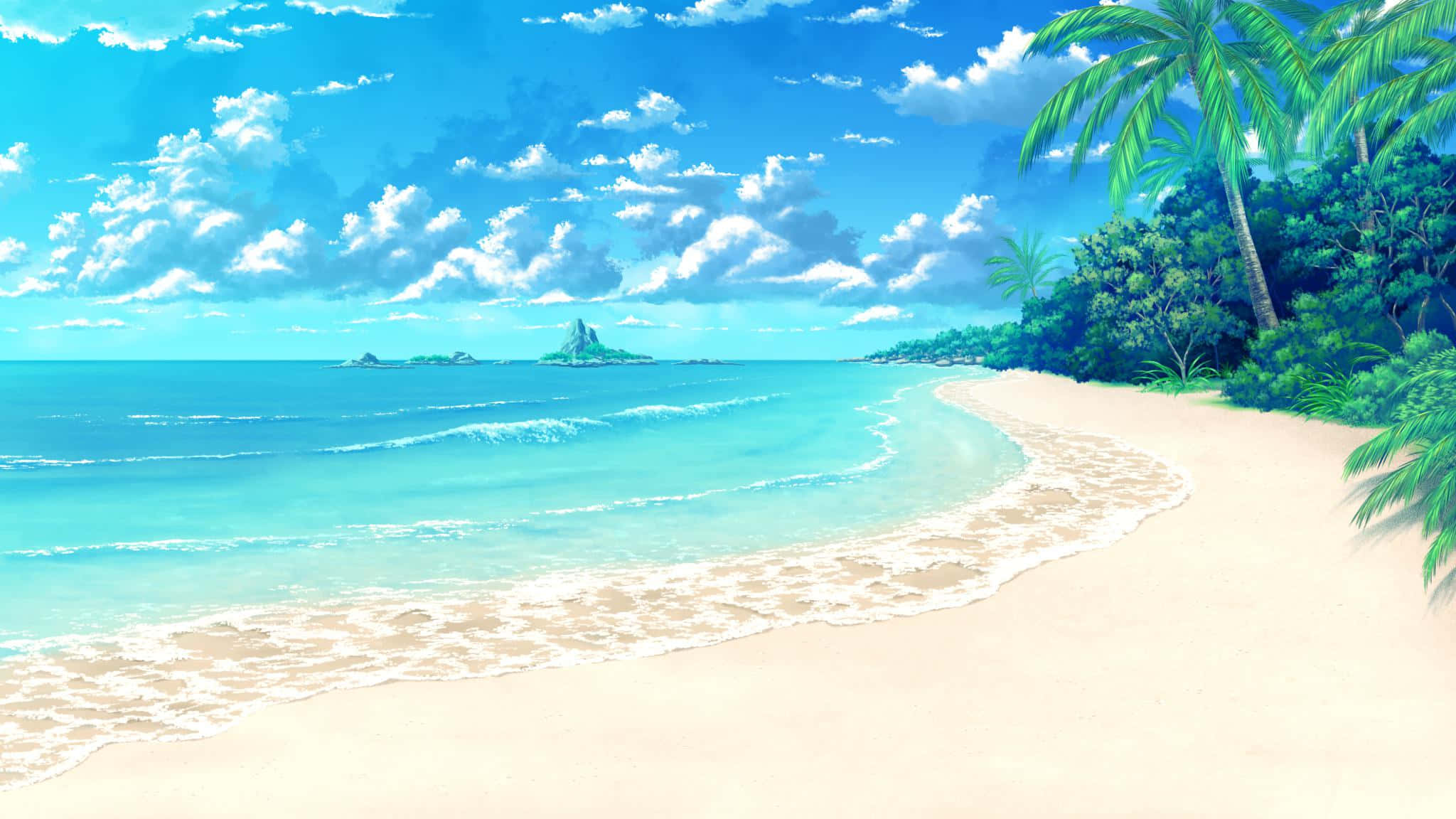 Beach Art 桌布 壁紙 — 充滿活力的動漫風格熱帶海灘，碧綠的海浪拍打著白色沙灘，明亮的藍天下點綴著蓬鬆的雲朵。