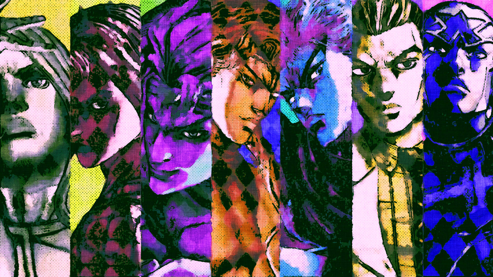 jojo 4K 桌布 壁紙 — 充滿活力的動漫風格肖像拼貼，七個強烈角色以鮮明色彩的垂直面板呈現，帶有半色調紋理。