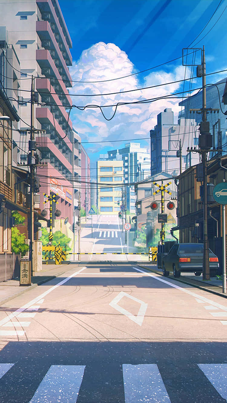 動漫 桌布 壁紙 — 充滿活力的動漫風格街景，一輛汽車停在斑馬線旁，藍天白雲。