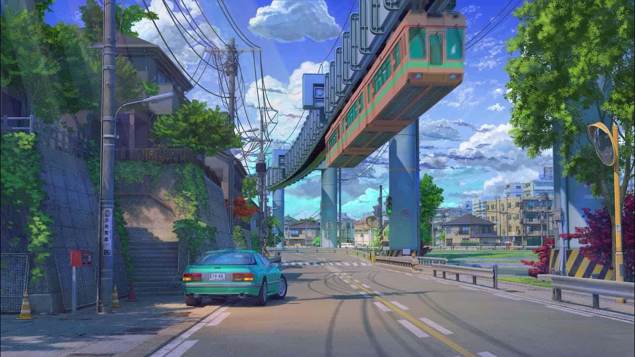 動漫 桌布 壁紙 — 充滿活力的動漫風格街景，一輛青綠色汽車停放在懸掛式單軌列車下方，背景是明亮的藍天。