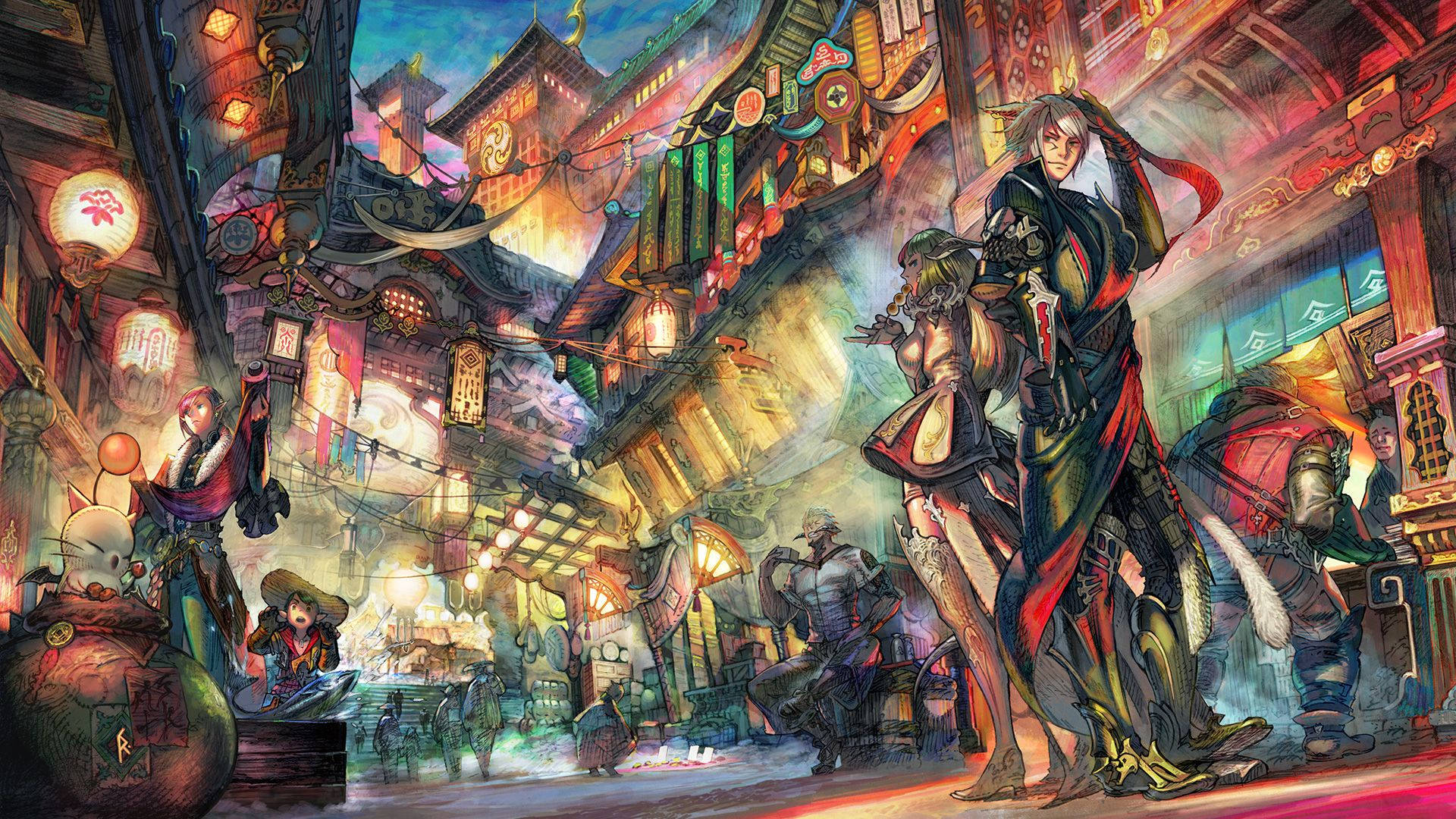 最終幻想 桌布 壁紙 — 充滿活力的動漫風格街景，有發光的燈籠和身穿盔甲的戰士，在繁華的奇幻市場中。