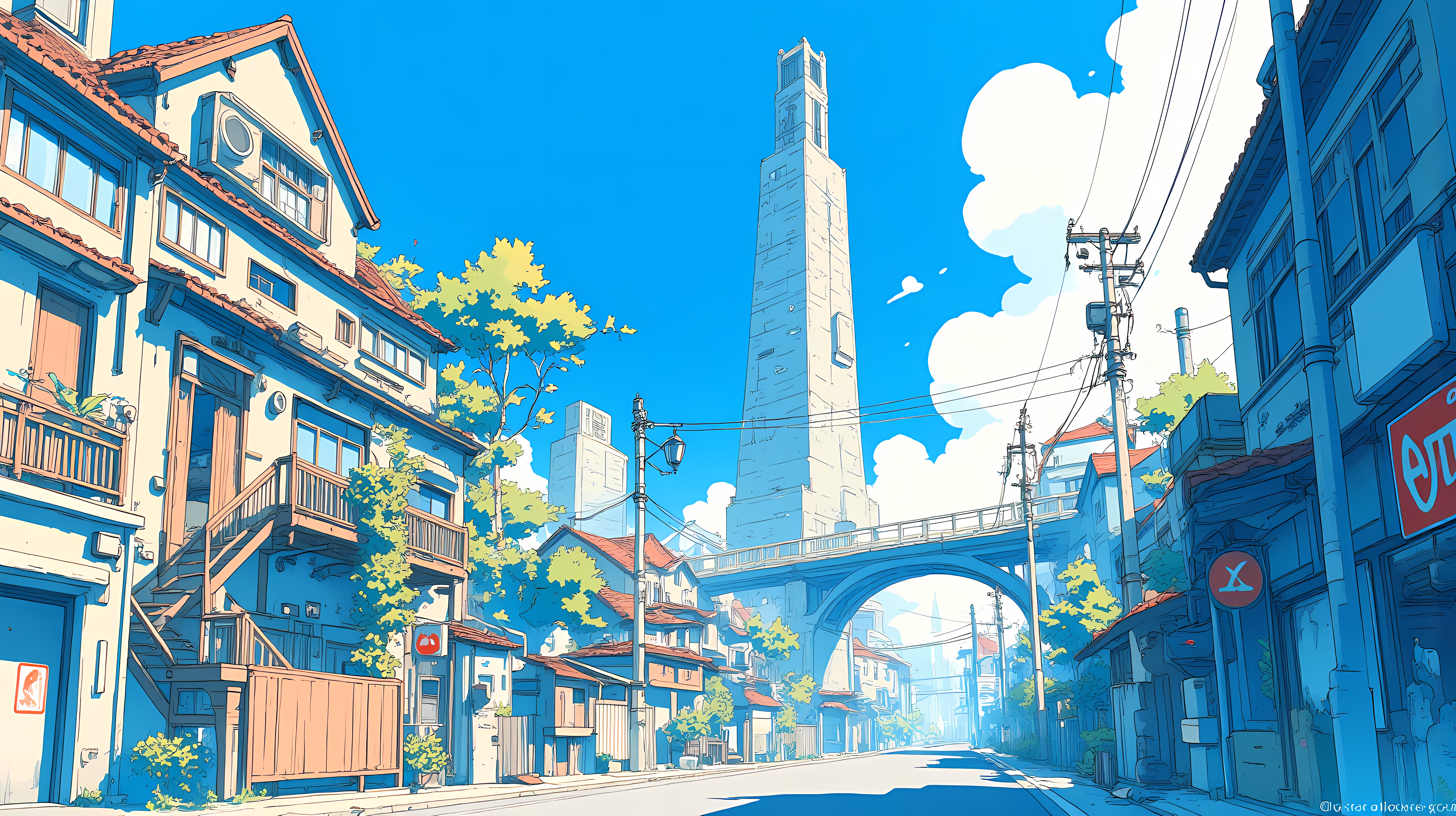 動漫 桌布 壁紙 — 充滿活力的動漫風格街景，有粉藍色建築、茂密的綠樹和一座高聳的橋樑，在晴朗的天空下。