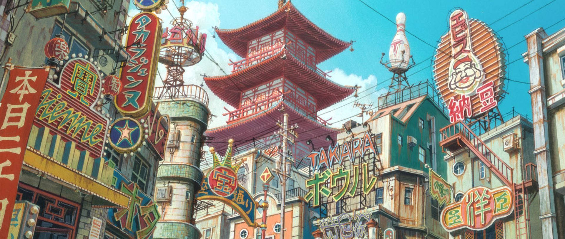 日本 桌布 壁紙 — 充滿活力的動漫風格街景，色彩繽紛的霓虹燈招牌和一座紅色寶塔在晴朗的藍天下聳立於密集的城市建築之上。