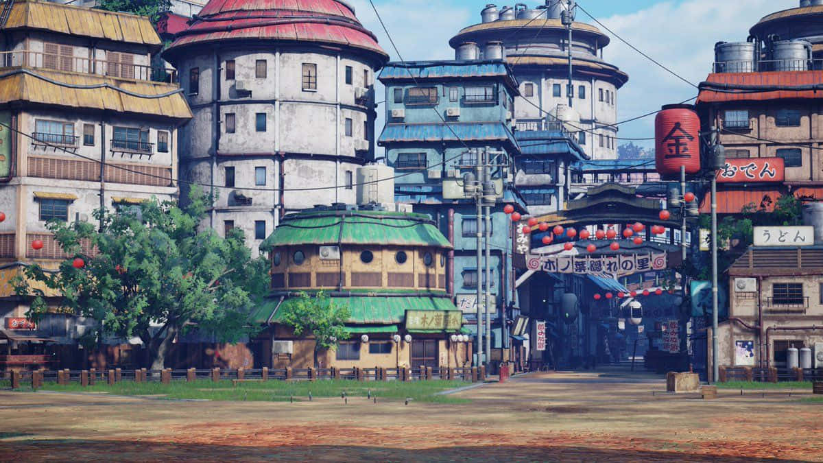 電玩遊戲 桌布 壁紙 — 充滿活力的動漫風格街景，色彩繽紛的建築物、紅色燈籠和日文招牌，在明亮的藍天下。