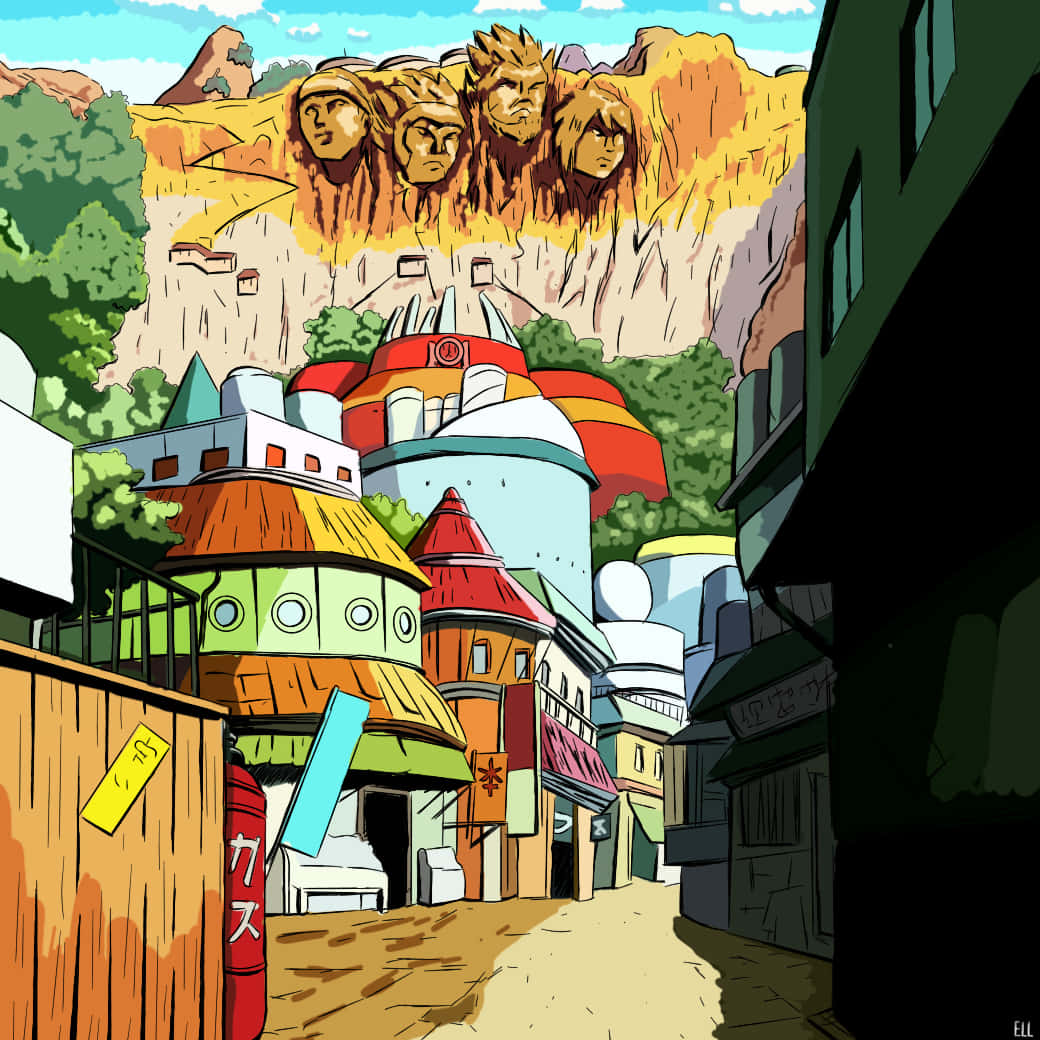 Konoha 桌布 壁紙 — 充滿活力的動漫風格街景，色彩繽紛的建築物和上方懸崖上雕刻的巨大面孔。