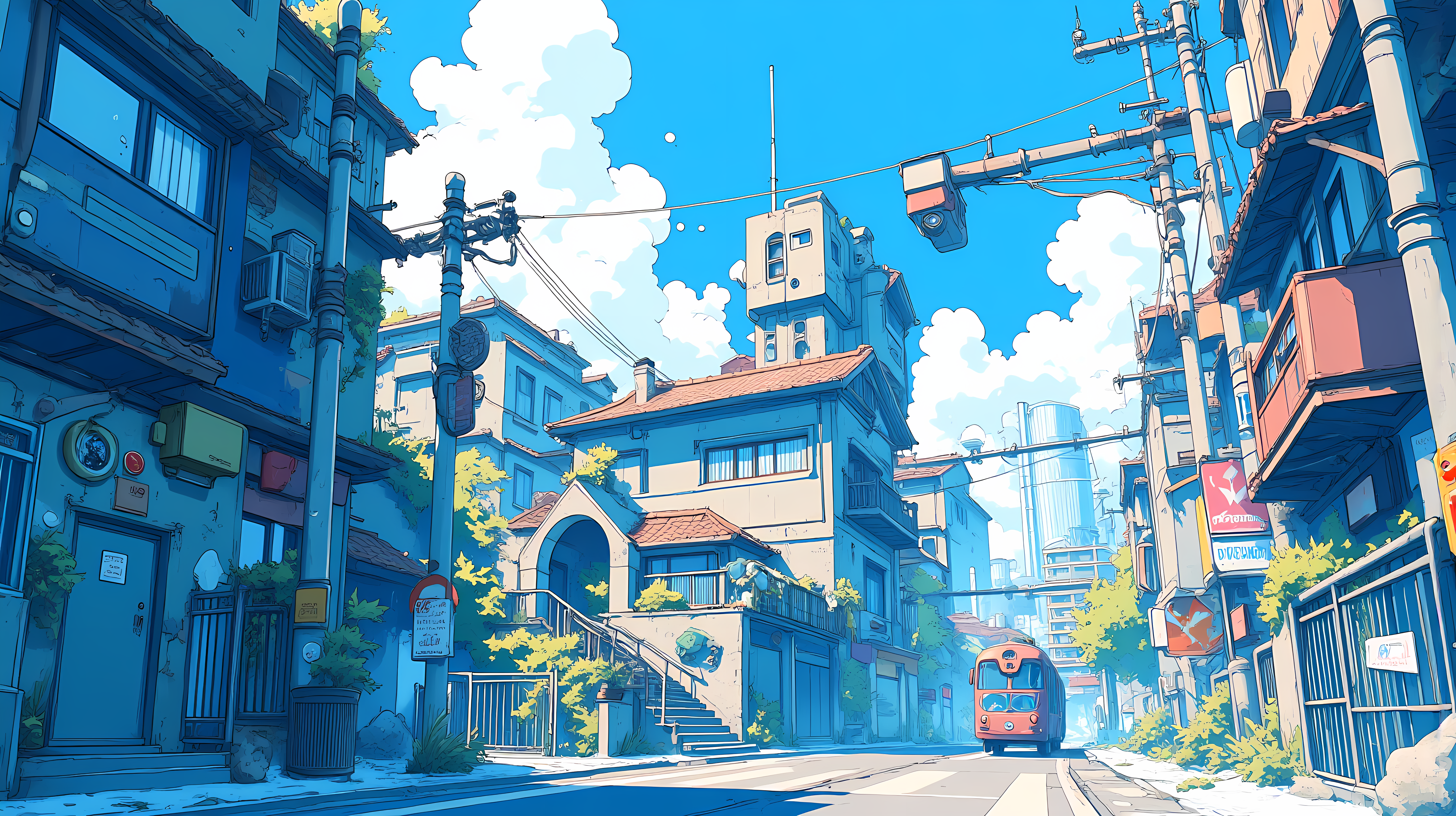 動漫 桌布 壁紙 — 充滿活力的動漫風格街景，藍色建築、綠色植物和紅色電車在明亮的天空下。