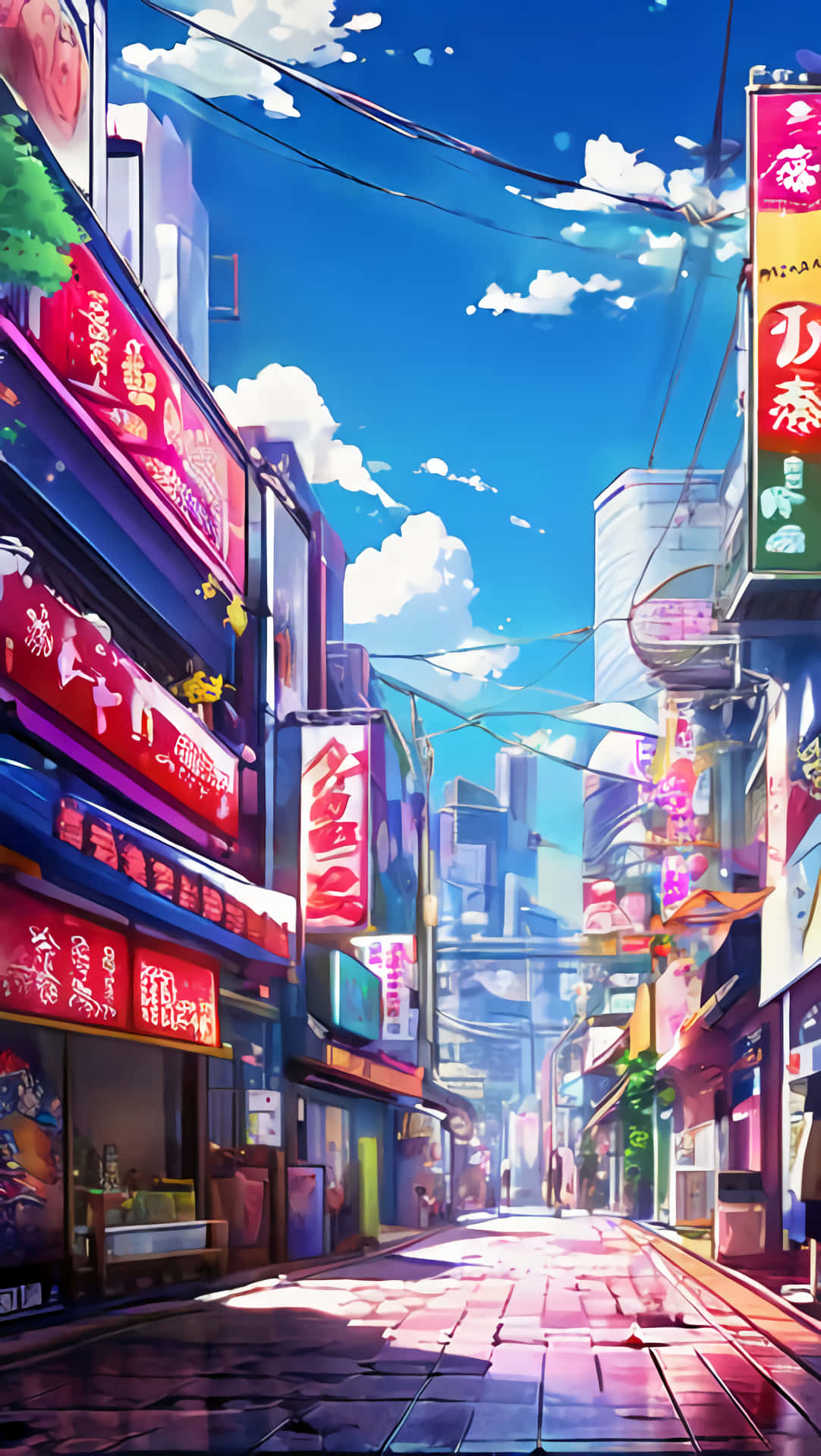 anime city Japan 壁紙 — 充滿活力的動漫風格街景，霓虹燈牌和高聳的建築物，在明亮的藍天和蓬鬆的雲朵下。