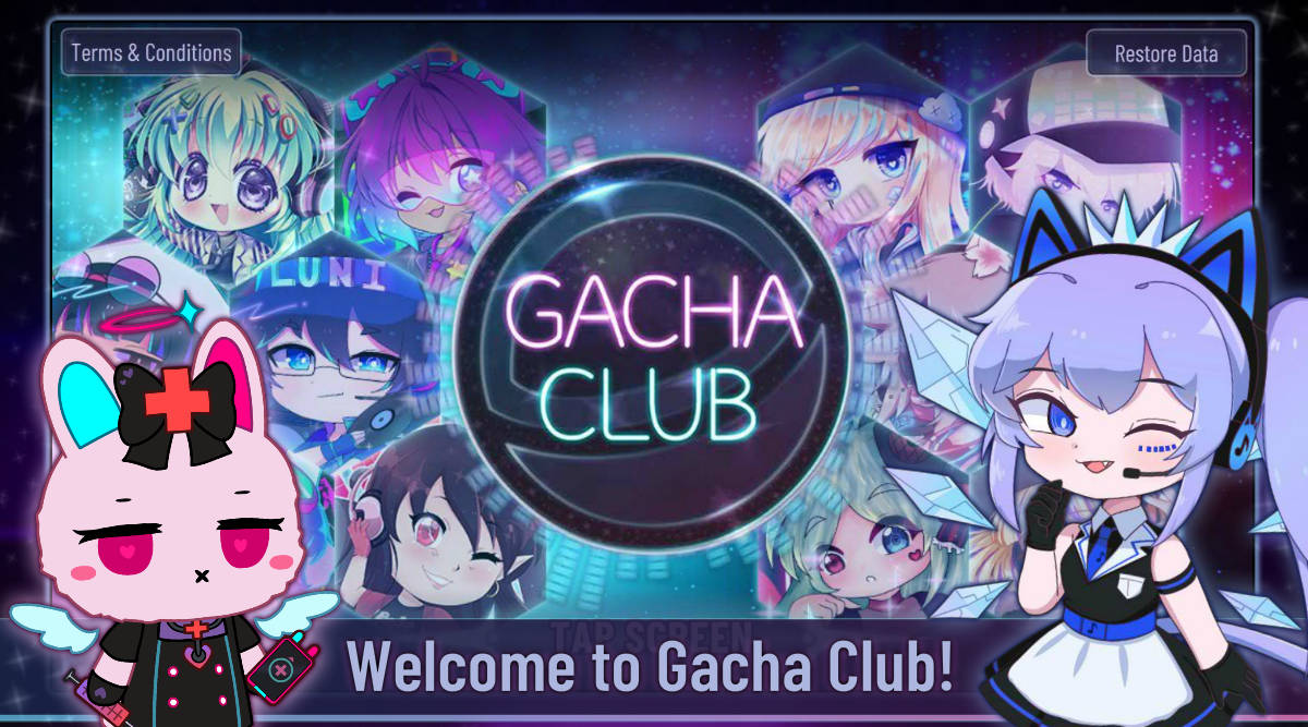 club 桌布 壁紙 — 充滿活力的動漫風格角色圍繞著數位遊戲介面中發光的霓虹「Gacha Club」標誌。