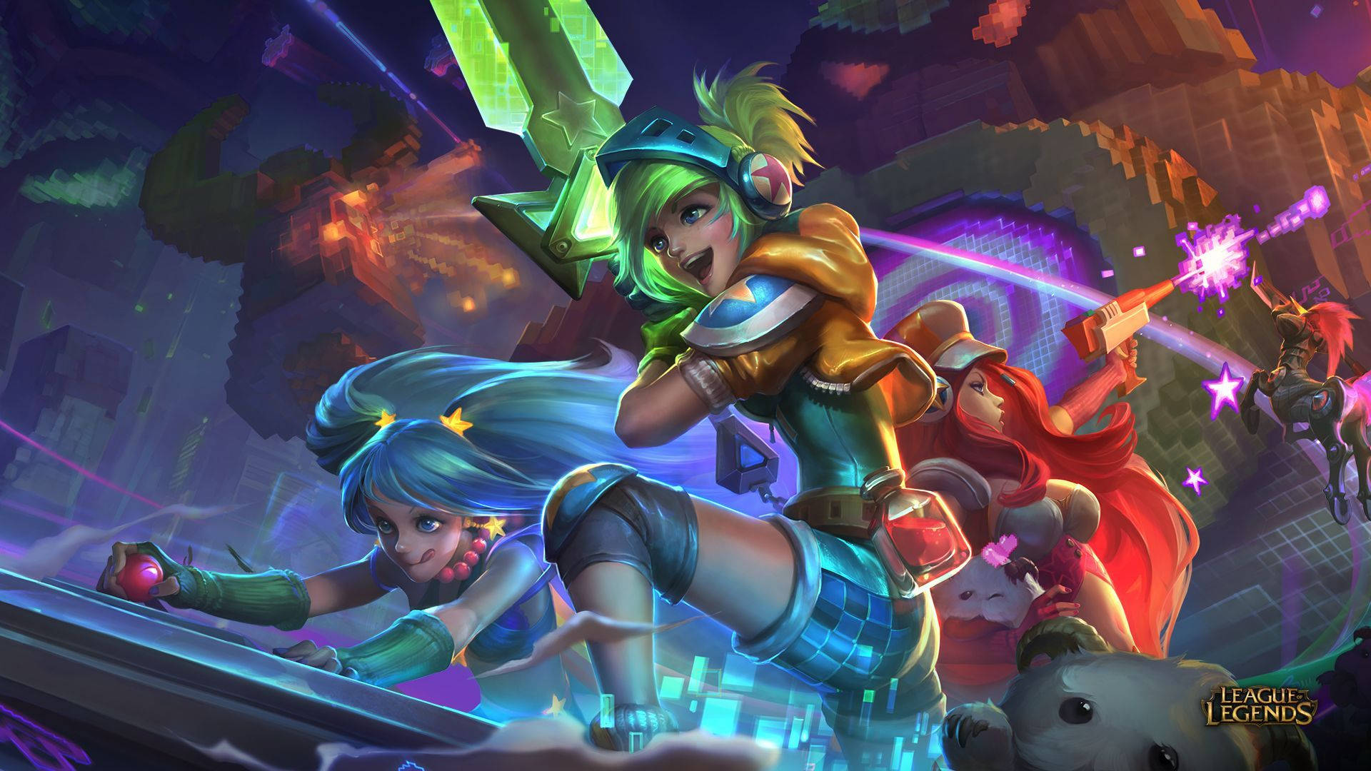 3d League Of Legends 桌布 壁紙 — 充滿活力的動漫風格角色在霓虹燈照亮的賽博朋克競技場中戰鬥，配備發光武器和動態能量效果。