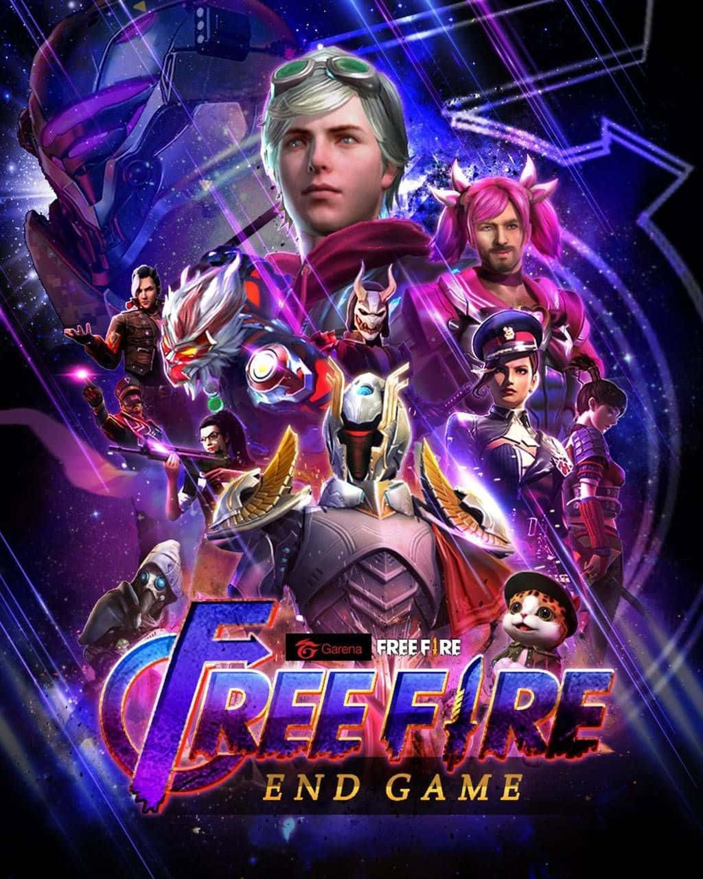 free fire 4K 桌布 壁紙 — 充滿活力的動漫風格遊戲海報， featuring 多樣角色穿著未來裝甲，背景是宇宙紫色和藍色星空。