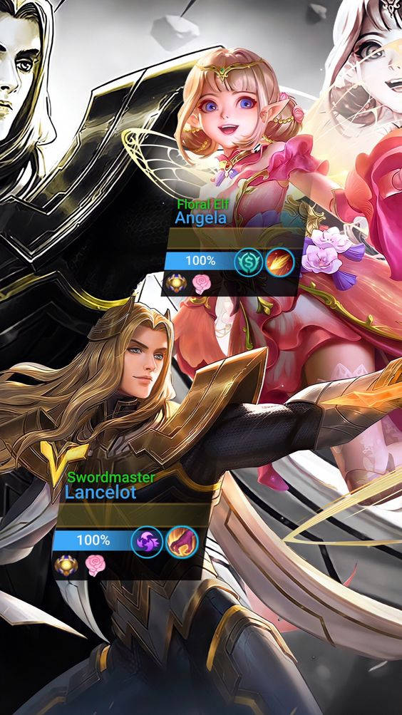 Mobile Legends 動態圖 桌布 壁紙 — 充滿活力的動漫風格遊戲角色，身穿精緻盔甲並帶有發光效果，在黑暗背景前動態擺姿勢。
