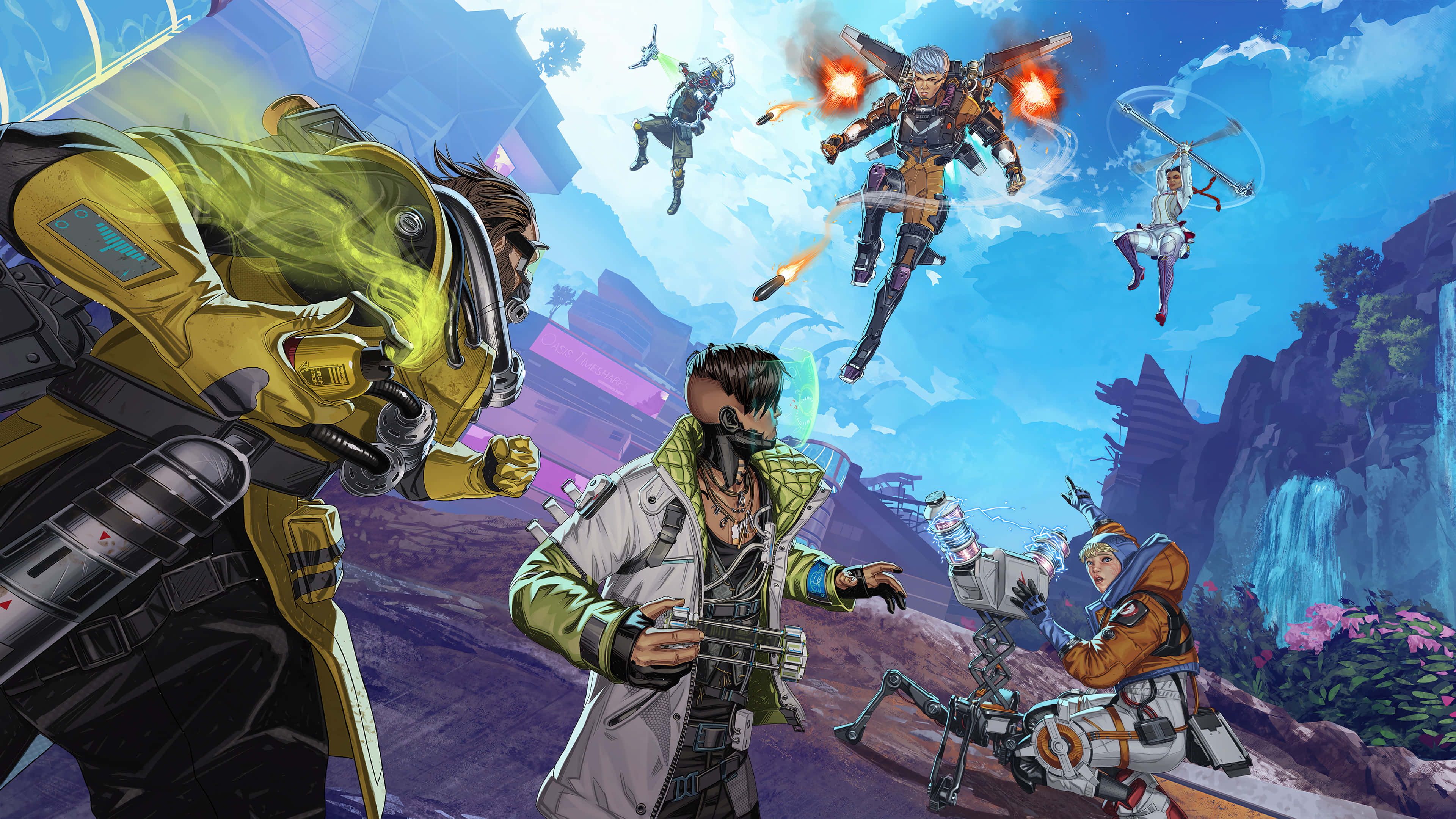 Apex Legends Characters 桌布 壁紙 — 充滿活力的動漫風格遊戲角色在科幻峽谷中戰鬥，伴隨著飛行戰鬥者和發光效果。