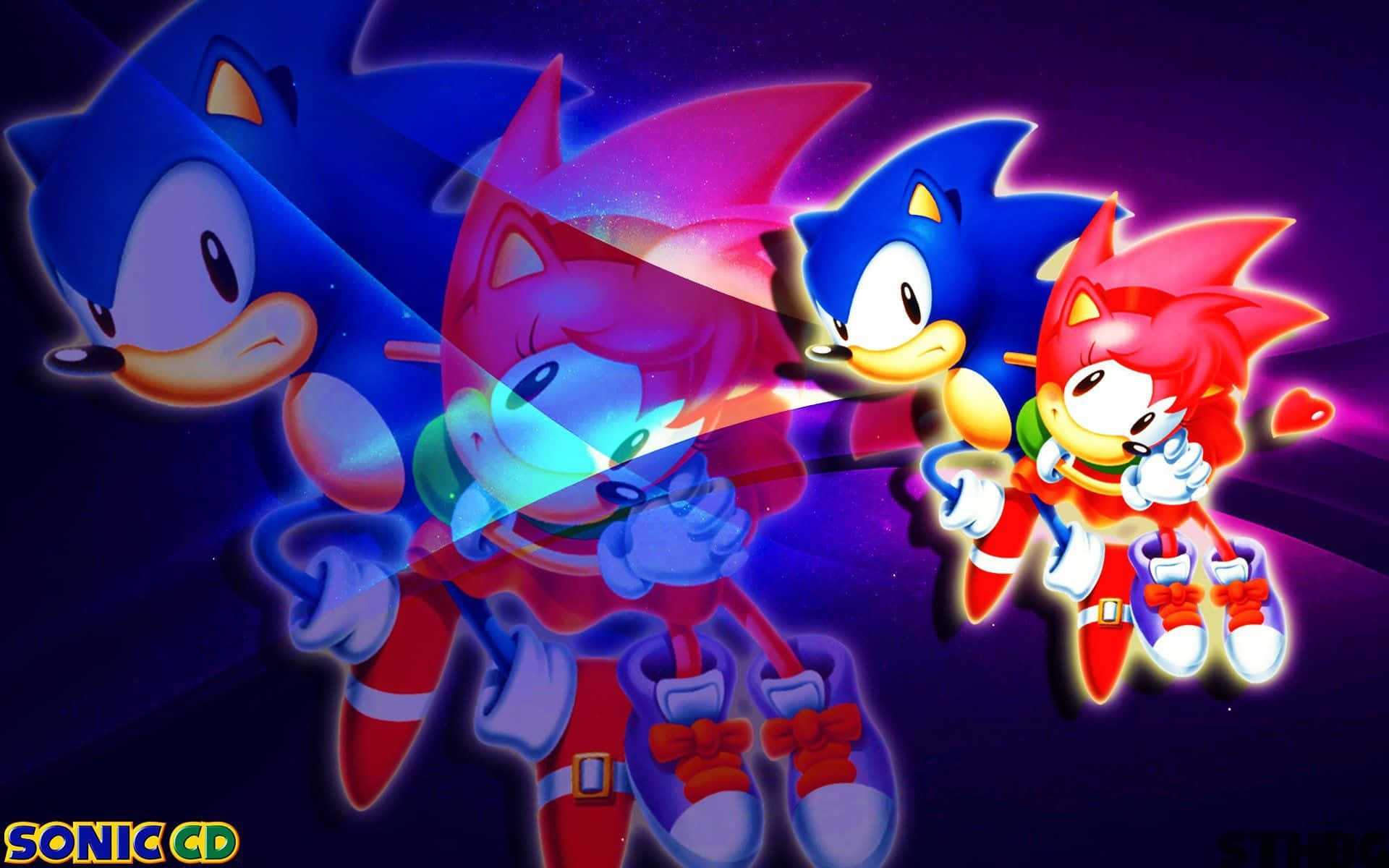 Sonic Cd 桌布 壁紙 — 充滿活力的動漫風格音速小子角色，在發光的宇宙背景前擺出動態姿勢，帶有霓虹條紋。