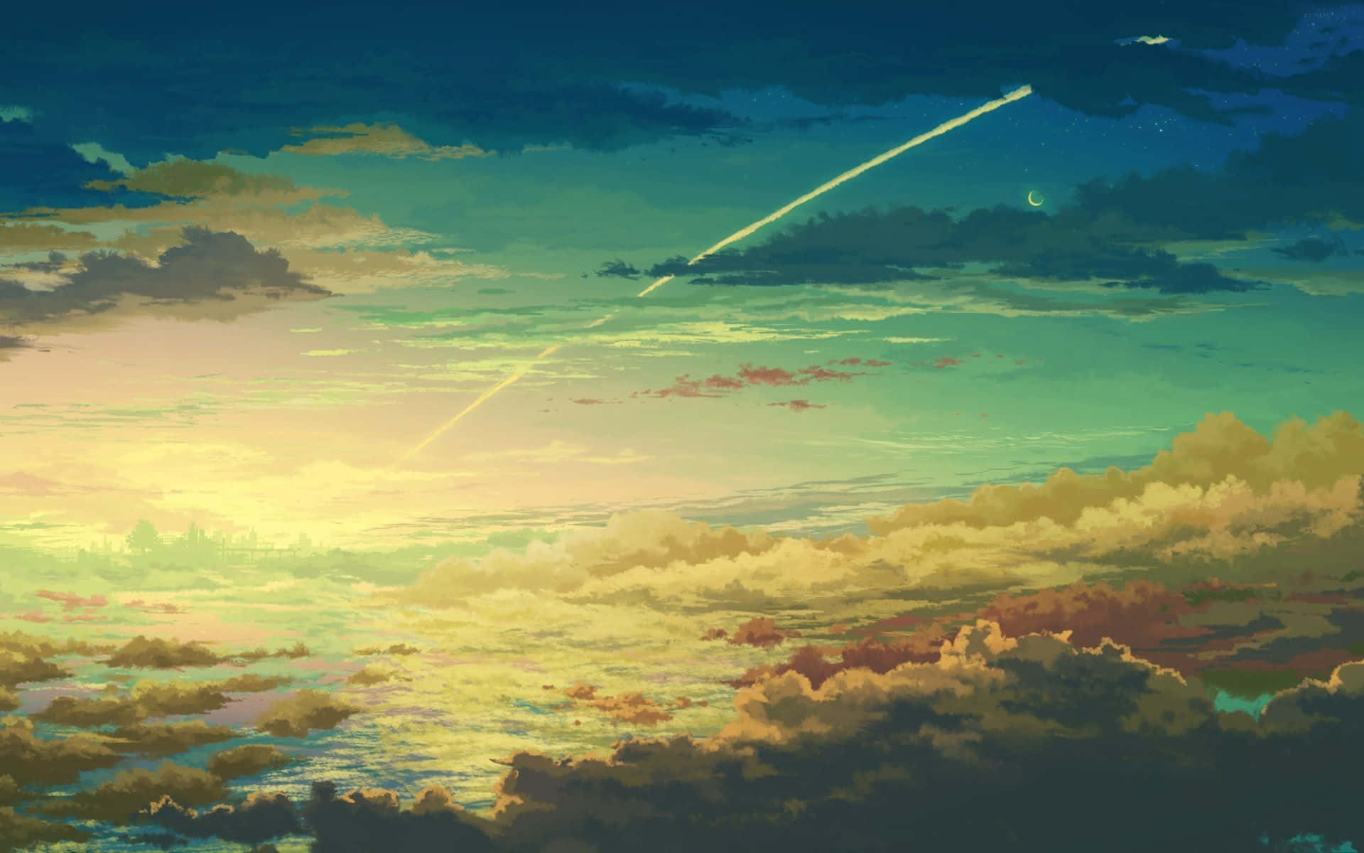 Anime Sky 桌布 壁紙 — 充滿活力的動漫黃昏天空，流星在青綠、金色和粉紅色的層雲上劃過發光。