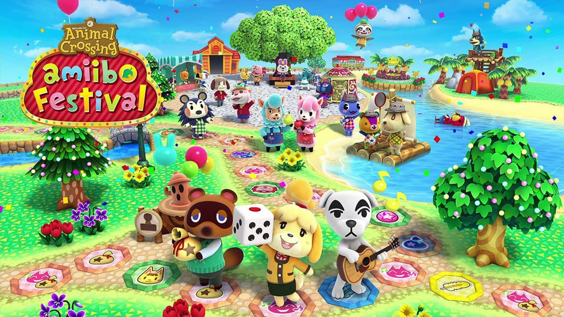 動物森友會 桌布 壁紙 — 充滿活力的動物森友會 Amiibo Festival 場景，色彩繽紛的角色在晴朗藍天下於熱鬧的島嶼上慶祝。
